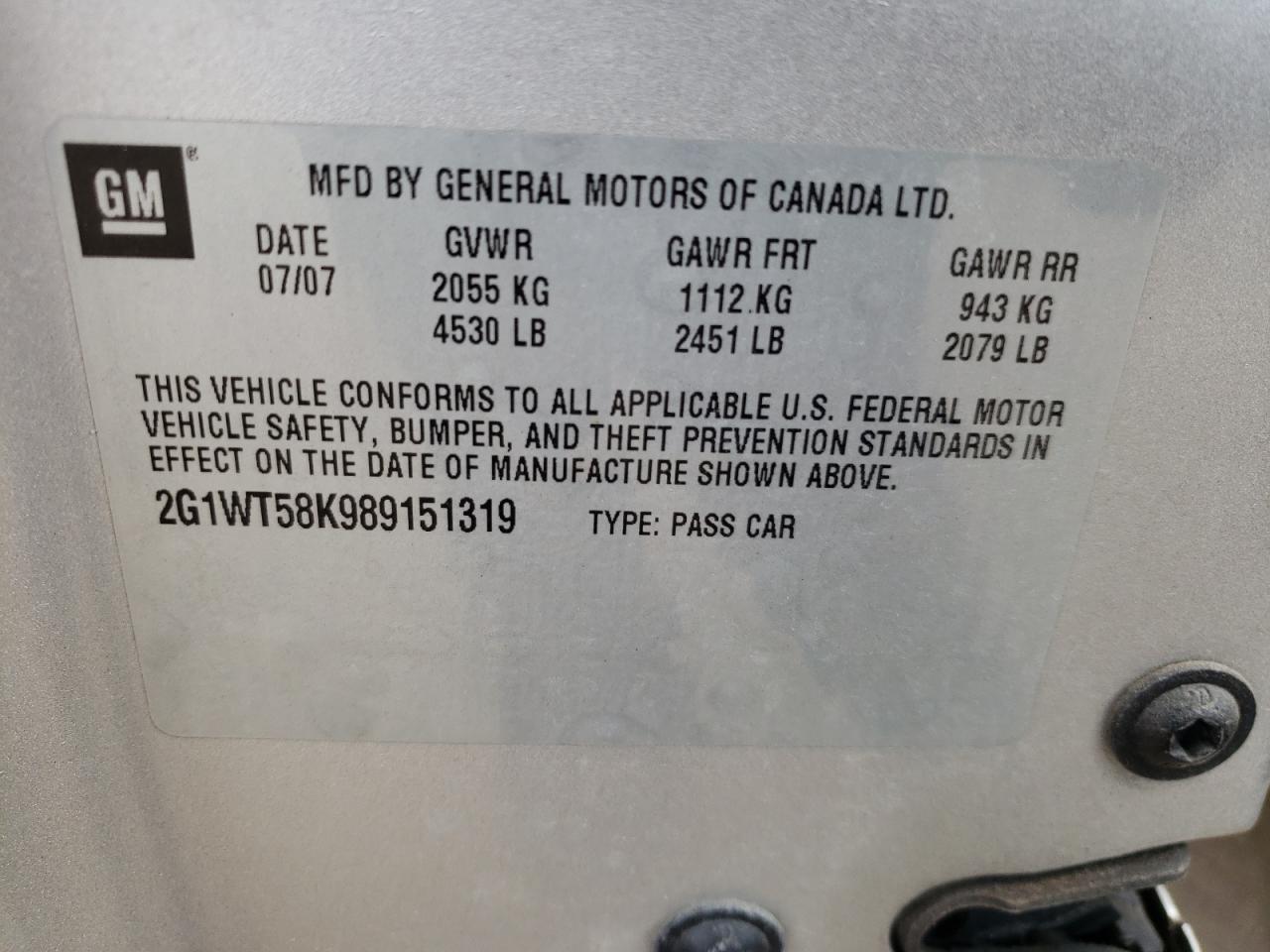 Photo 10 from auction – 2008 CHEVROLET IMPALA LT with VIN 2G1WT58K989151319