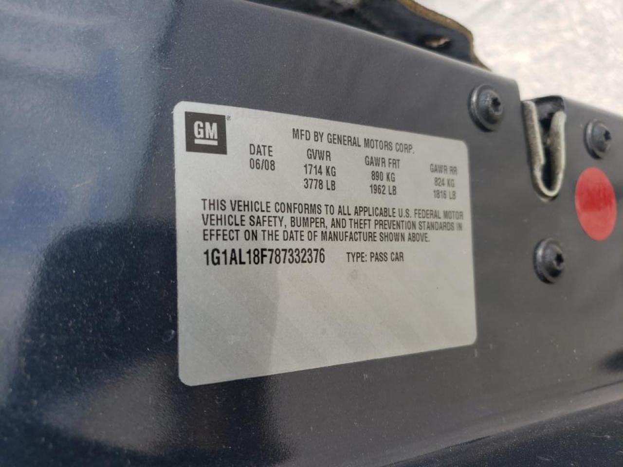 Photo 10 from auction – 2008 CHEVROLET COBALT LT with VIN 1G1AL18F787332376