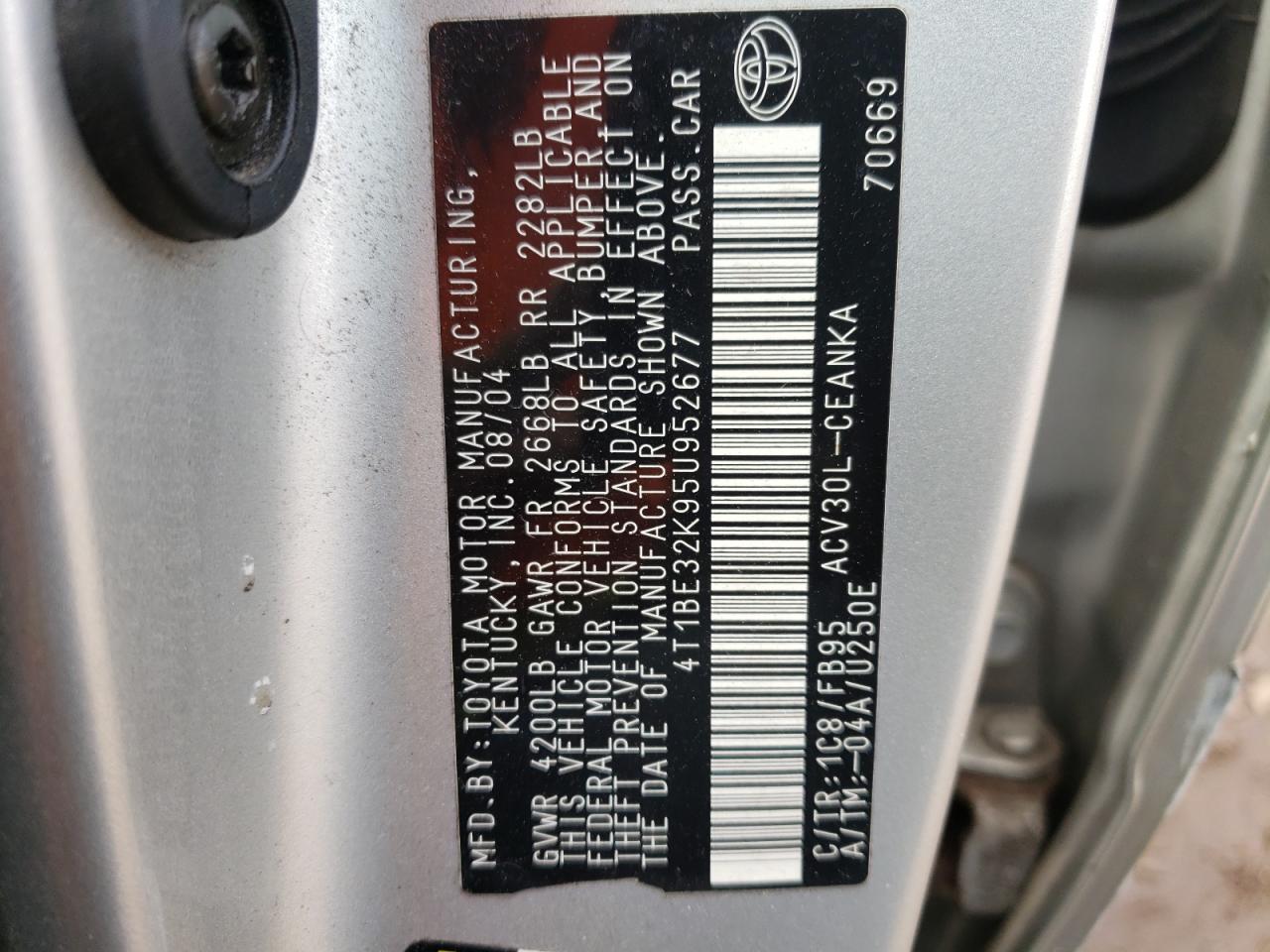 Photo 10 from auction – 2005 TOYOTA CAMRY LE with VIN 4T1BE32K95U952677