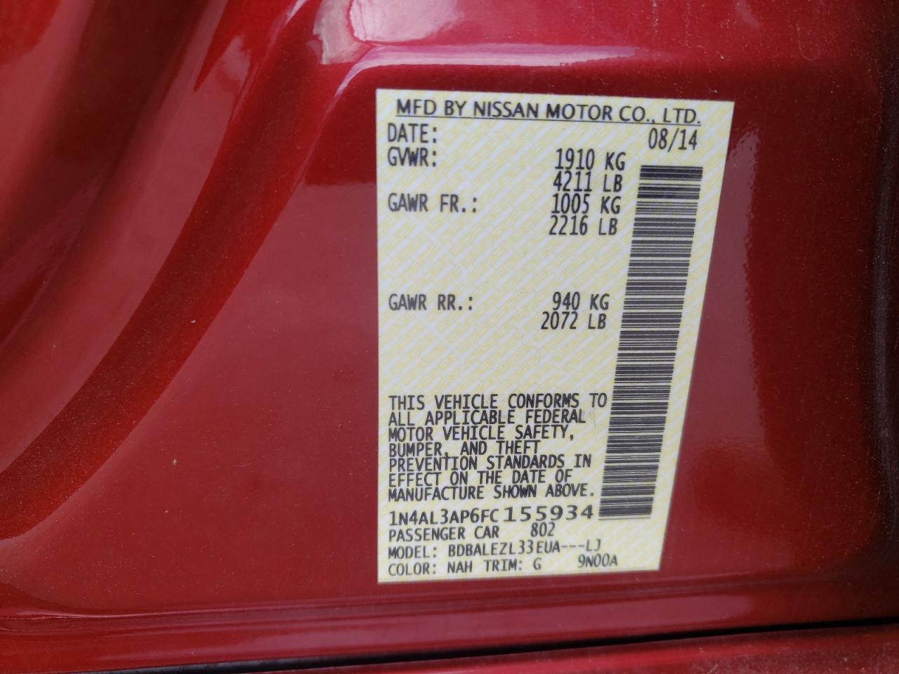 Photo 10 from auction – 2015 NISSAN ALTIMA 2.5 with VIN 1N4AL3AP6FC155934