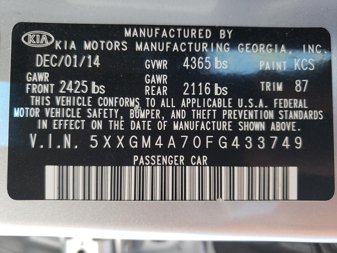 Photo 10 from auction – 2015 KIA OPTIMA LX with VIN 5XXGM4A70FG433749