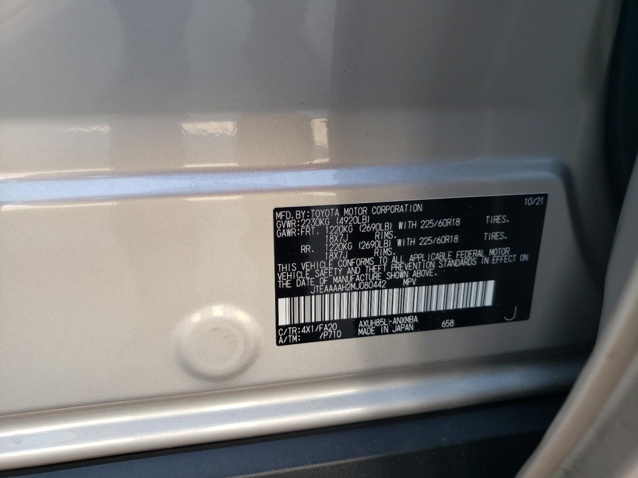 Photo 10 from auction – 2021 TOYOTA VENZA LE with VIN JTEAAAAH2MJ080442