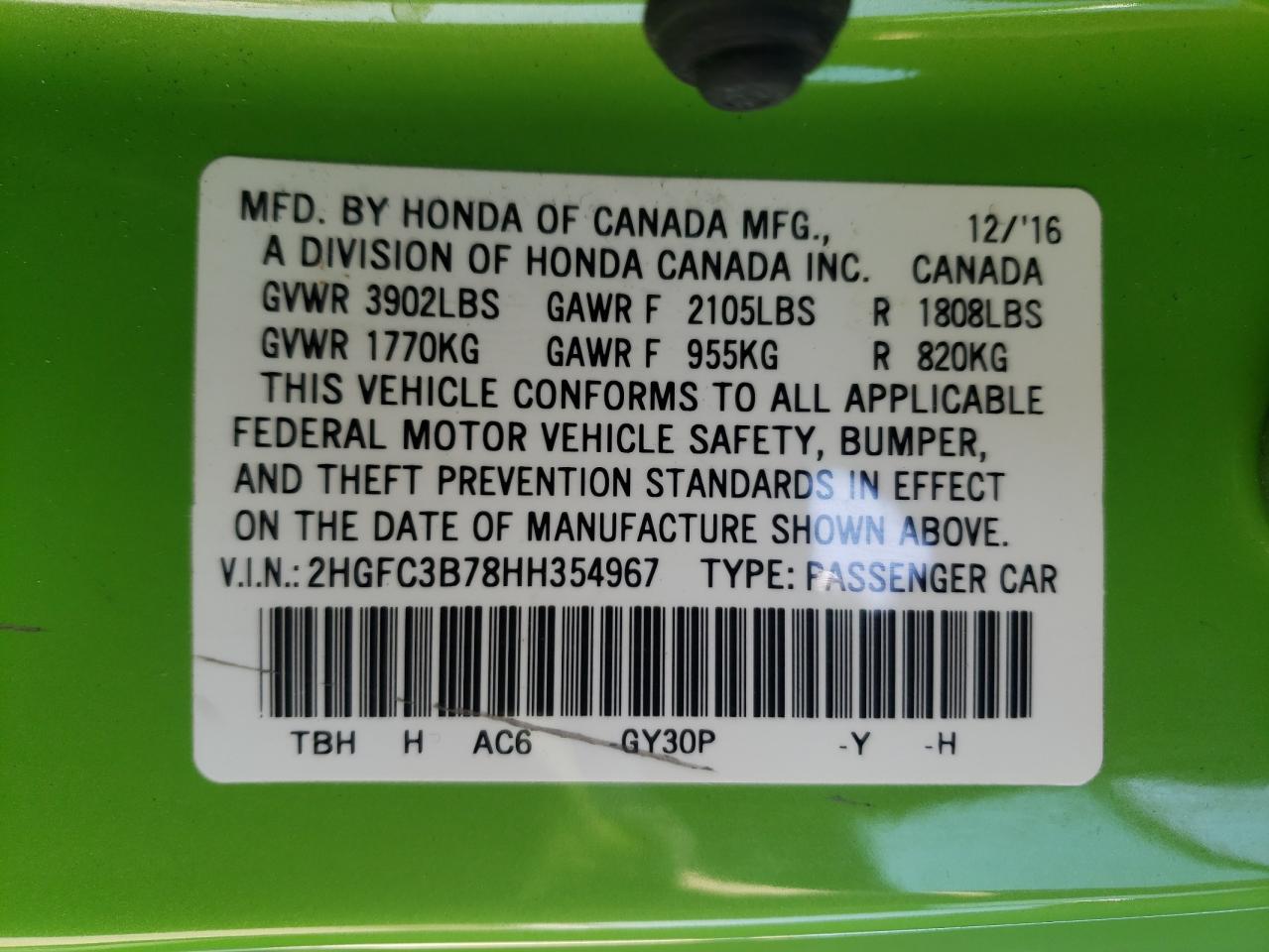 Photo 10 from auction – 2017 HONDA CIVIC EXL with VIN 2HGFC3B78HH354967