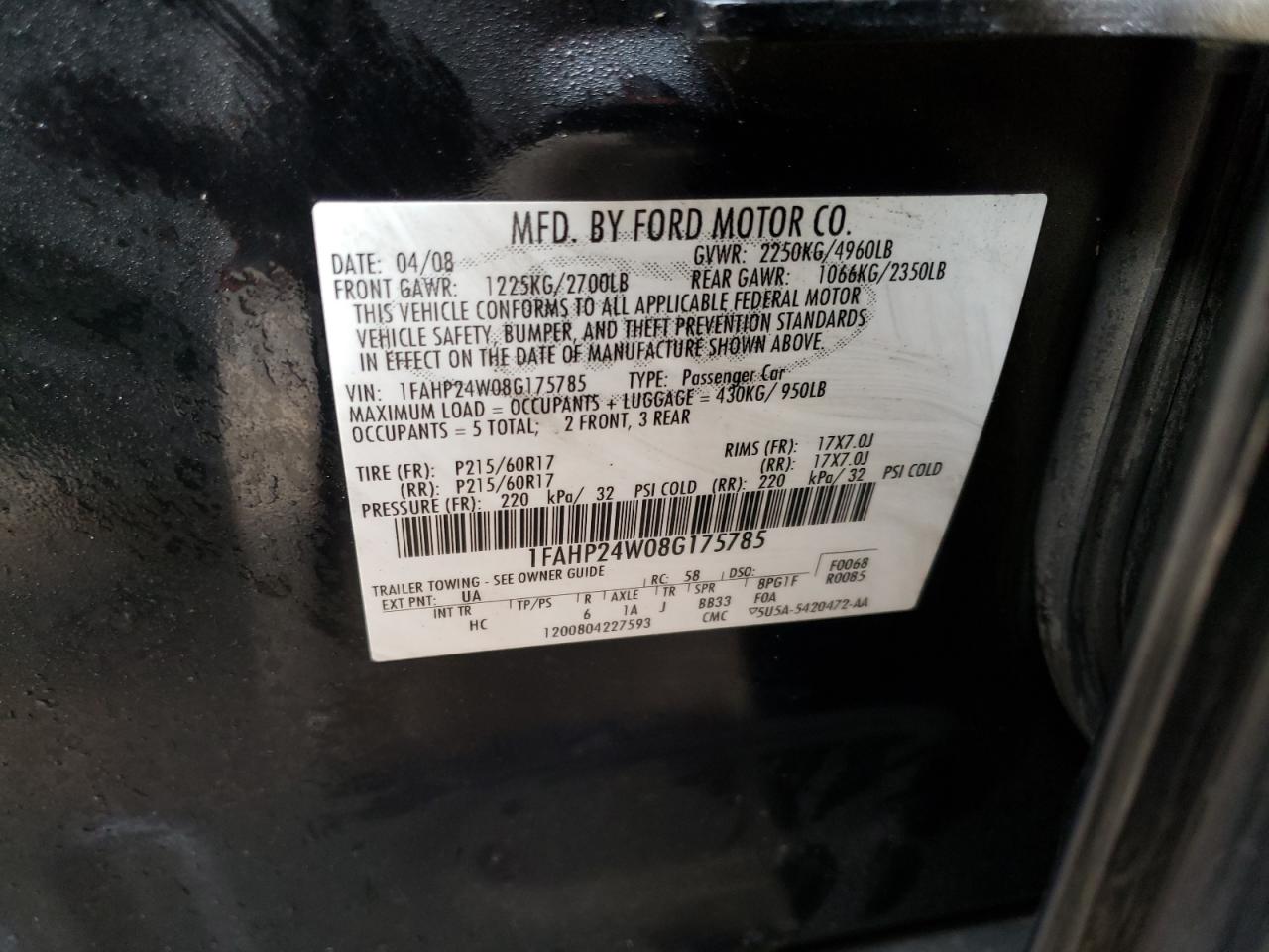 Photo 10 from auction – 2008 FORD TAURUS SEL with VIN 1FAHP24W08G175785