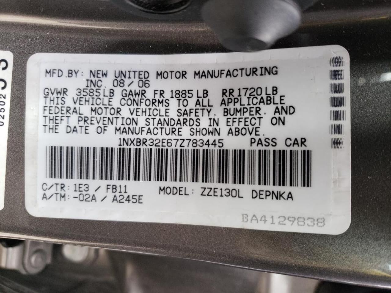 Photo 10 from auction – 2007 TOYOTA COROLLA CE with VIN 1NXBR32E67Z783445