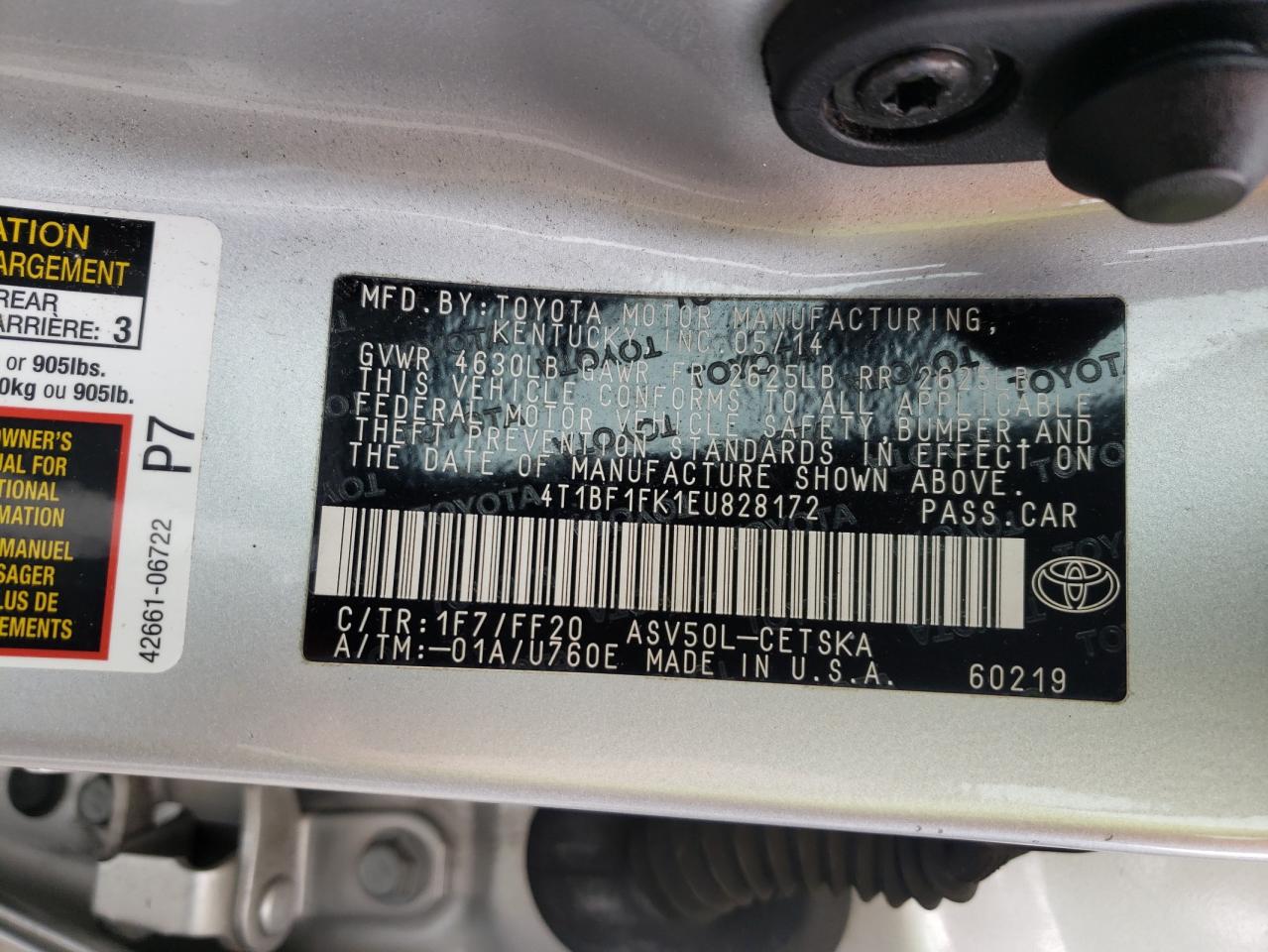 Photo 10 from auction – 2014 TOYOTA CAMRY L with VIN 4T1BF1FK1EU828172