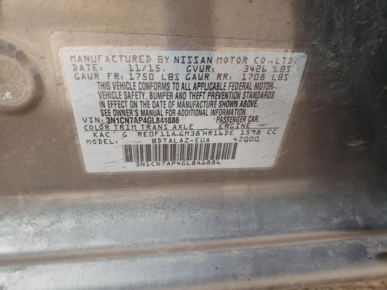 Photo 10 from auction – 2016 NISSAN VERSA S with VIN 3N1CN7AP4GL841886
