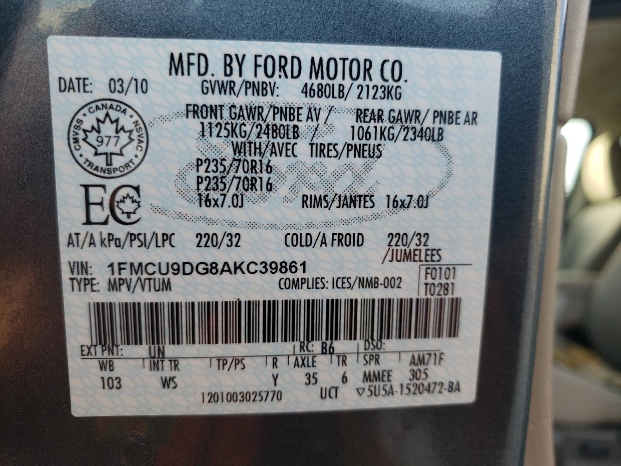Photo 10 from auction – 2010 FORD ESCAPE XLT with VIN 1FMCU9DG8AKC39861