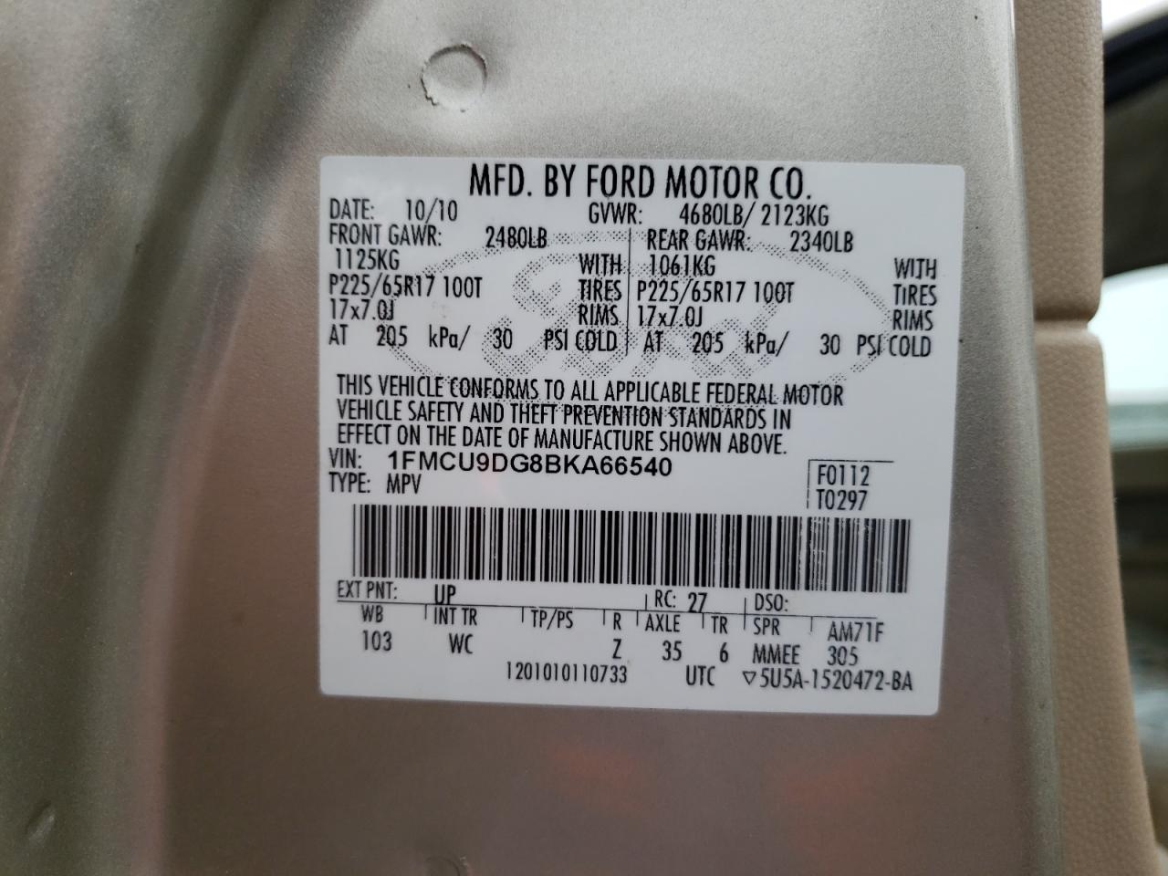 Photo 10 from auction – 2011 FORD ESCAPE XLT with VIN 1FMCU9DG8BKA66540