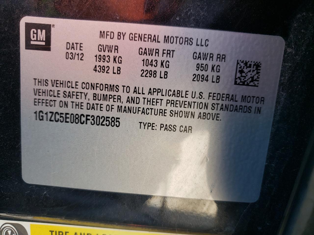 Photo 10 from auction – 2012 CHEVROLET MALIBU 1LT with VIN 1G1ZC5E08CF302585