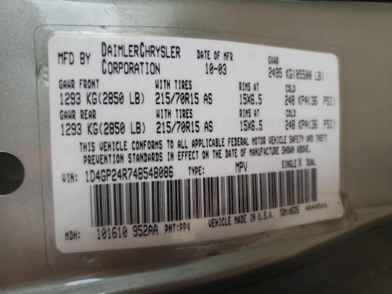 Photo 10 from auction – 2004 DODGE CARAVAN with VIN 1D4GP24R74B548086