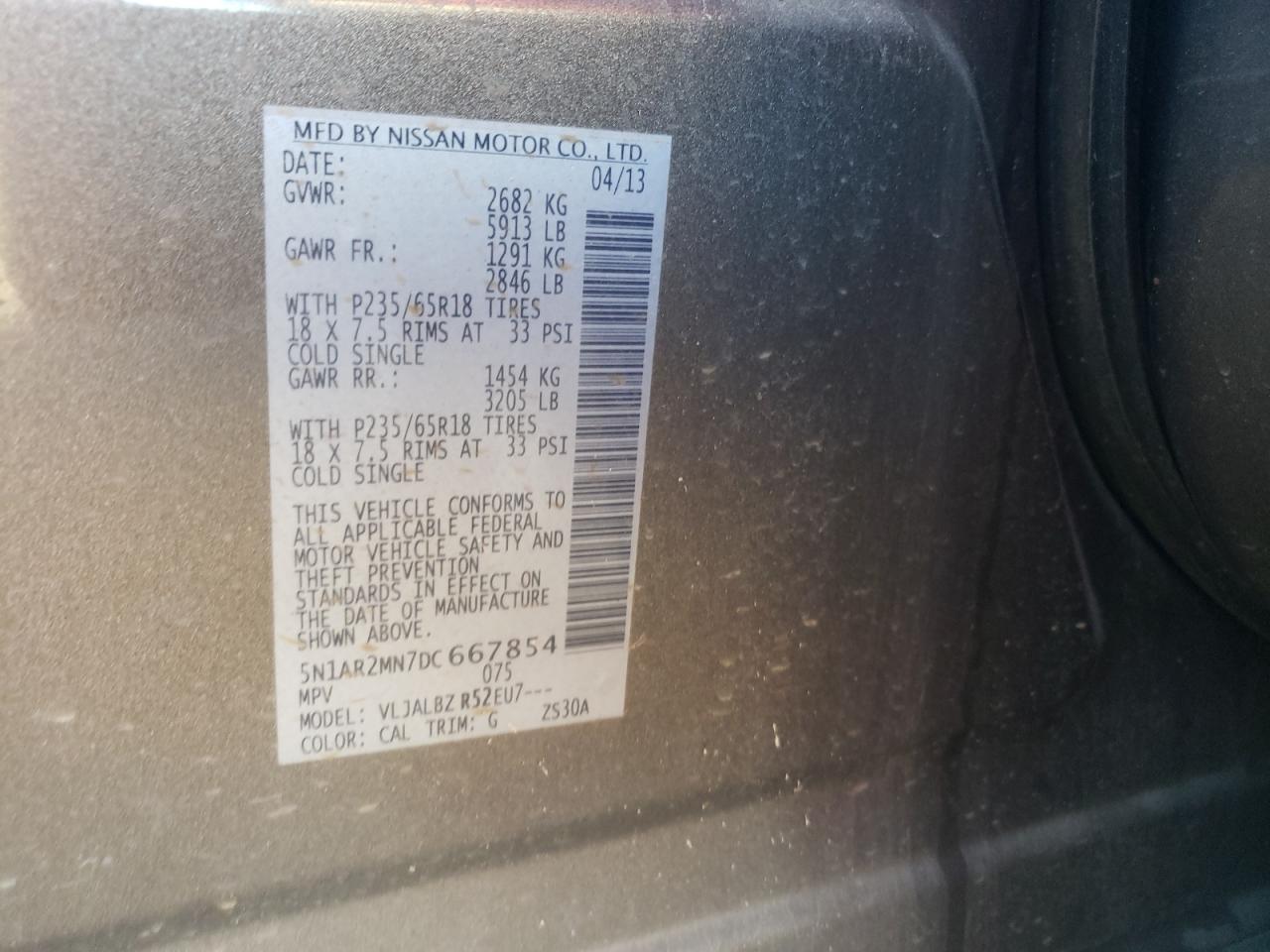 Photo 10 from auction – 2013 NISSAN PATHFINDER with VIN 5N1AR2MN7DC667854