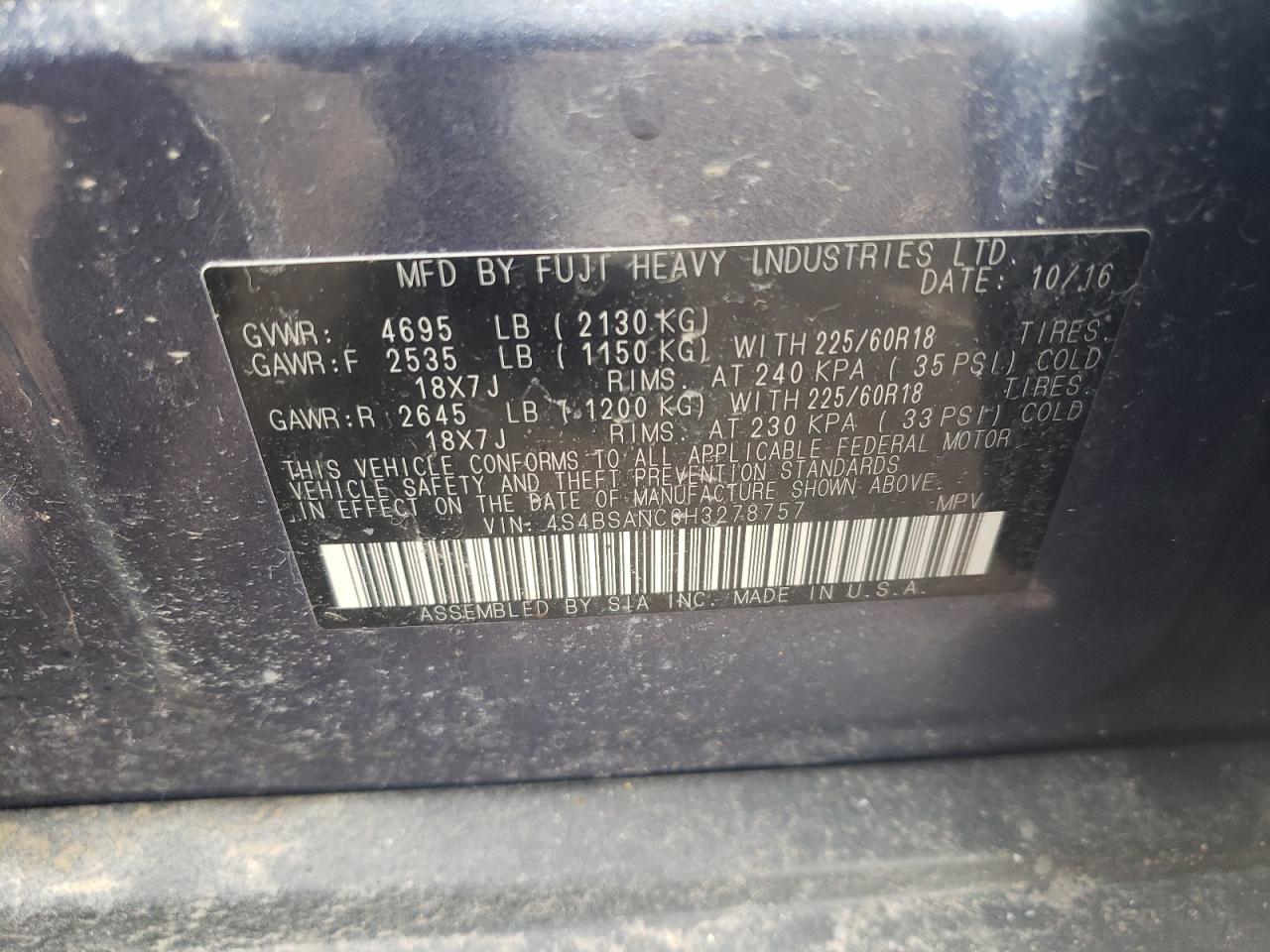 Photo 10 from auction – 2017 SUBARU OUTBACK 2. with VIN 4S4BSANC6H3278757