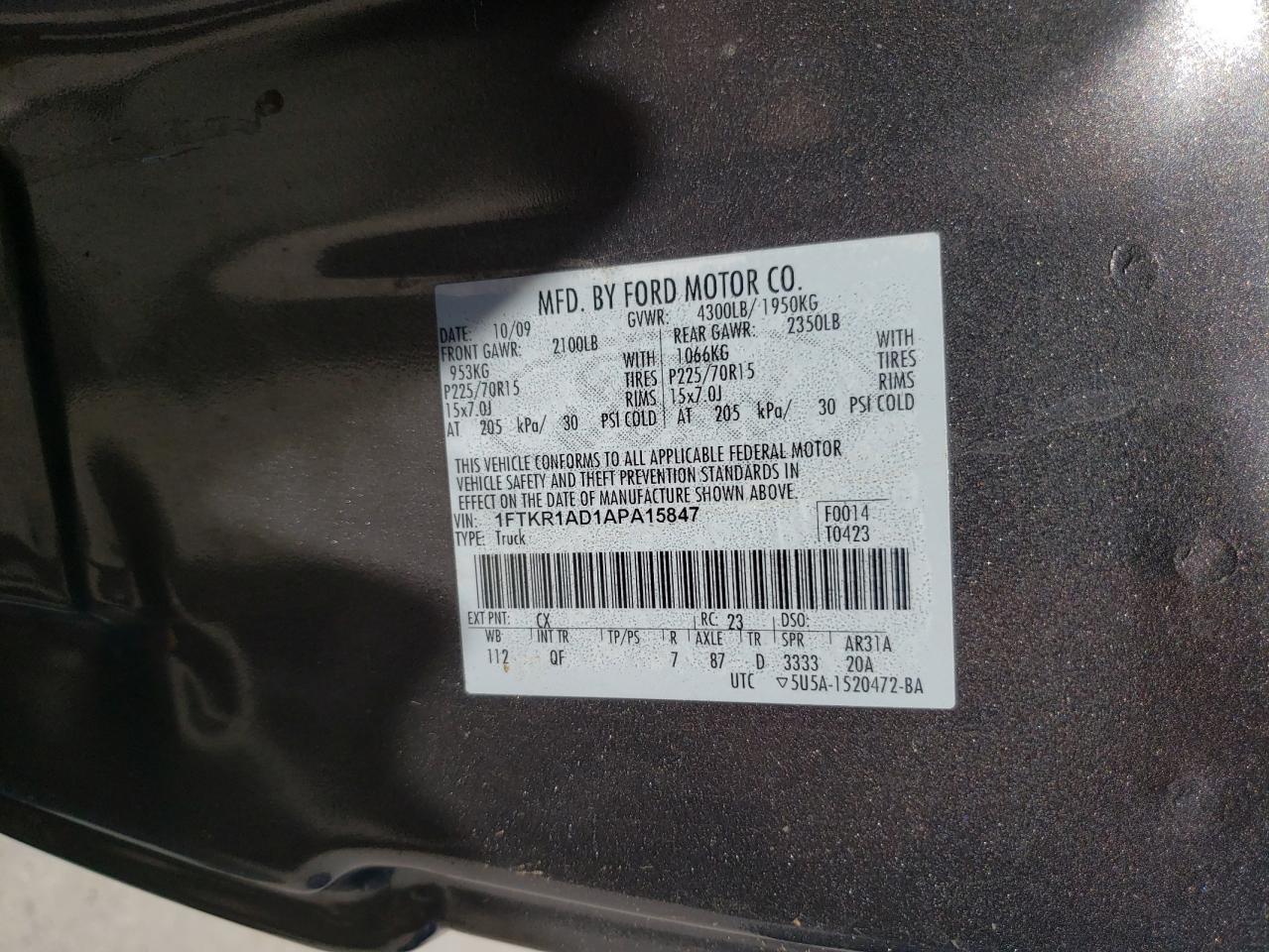 Photo 10 from auction – 2010 FORD RANGER with VIN 1FTKR1AD1APA15847