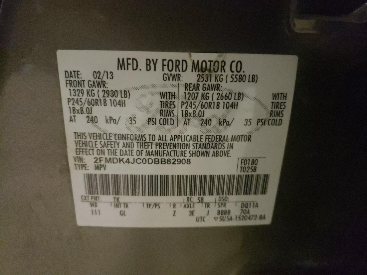 Photo 10 from auction – 2013 FORD EDGE SEL with VIN 2FMDK4JC0DBB82908