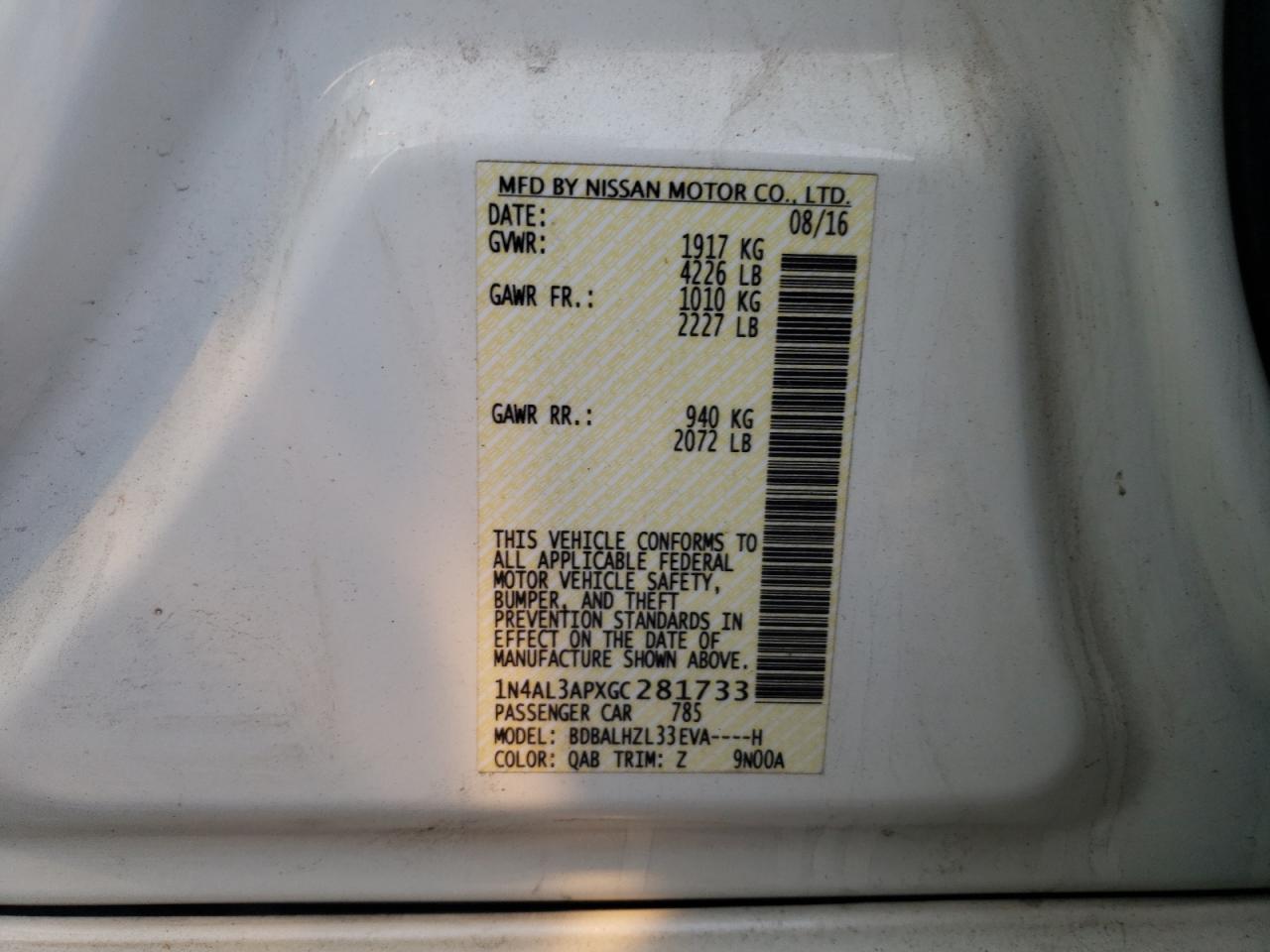 Photo 10 from auction – 2016 NISSAN ALTIMA 2.5 with VIN 1N4AL3APXGC281733