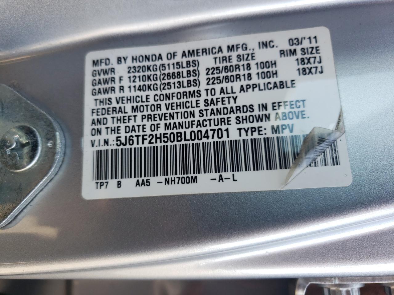 Photo 10 from auction – 2011 HONDA ACCORD CRO with VIN 5J6TF2H50BL004701