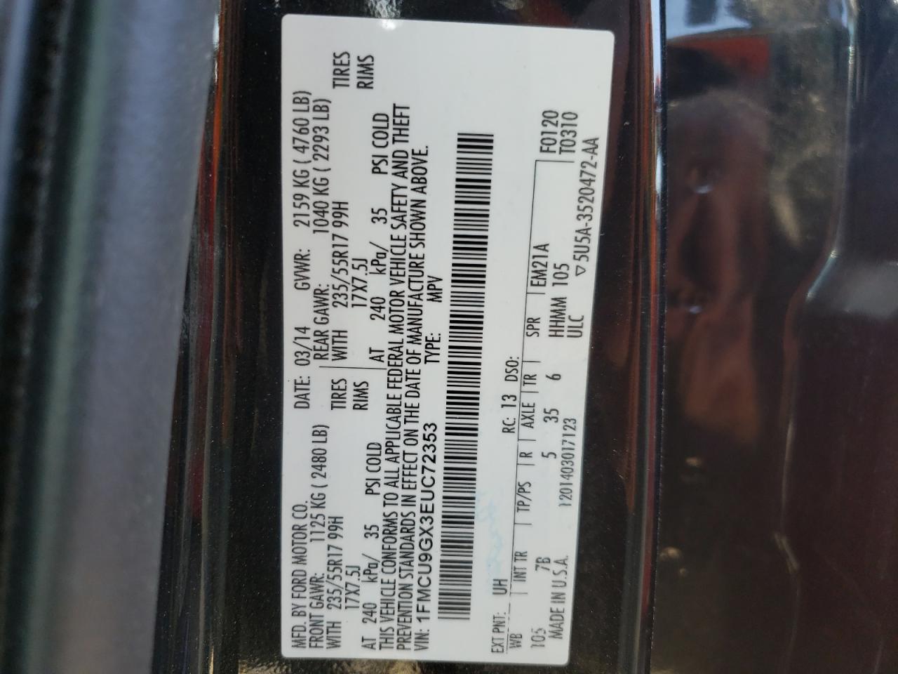 Photo 10 from auction – 2014 FORD ESCAPE SE with VIN 1FMCU9GX3EUC72353
