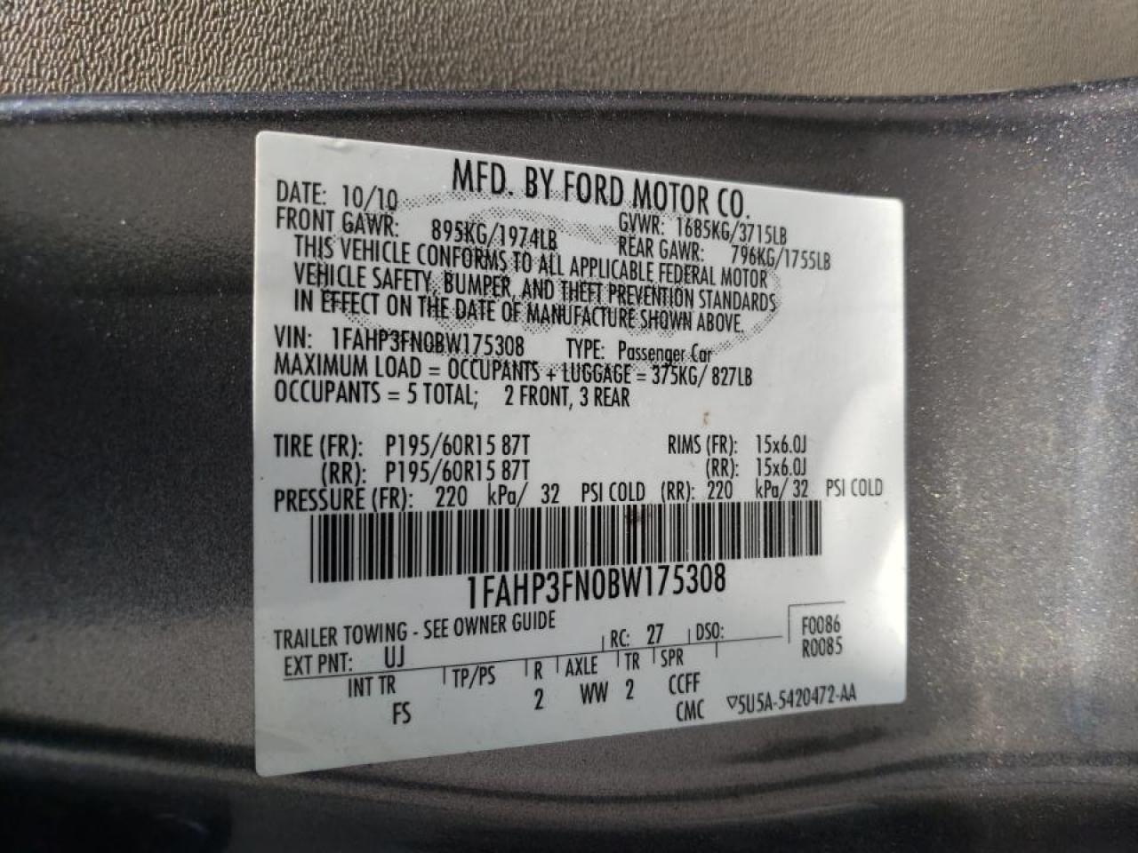 Photo 10 from auction – 2011 FORD FOCUS with VIN 1FAHP3FN0BW175308