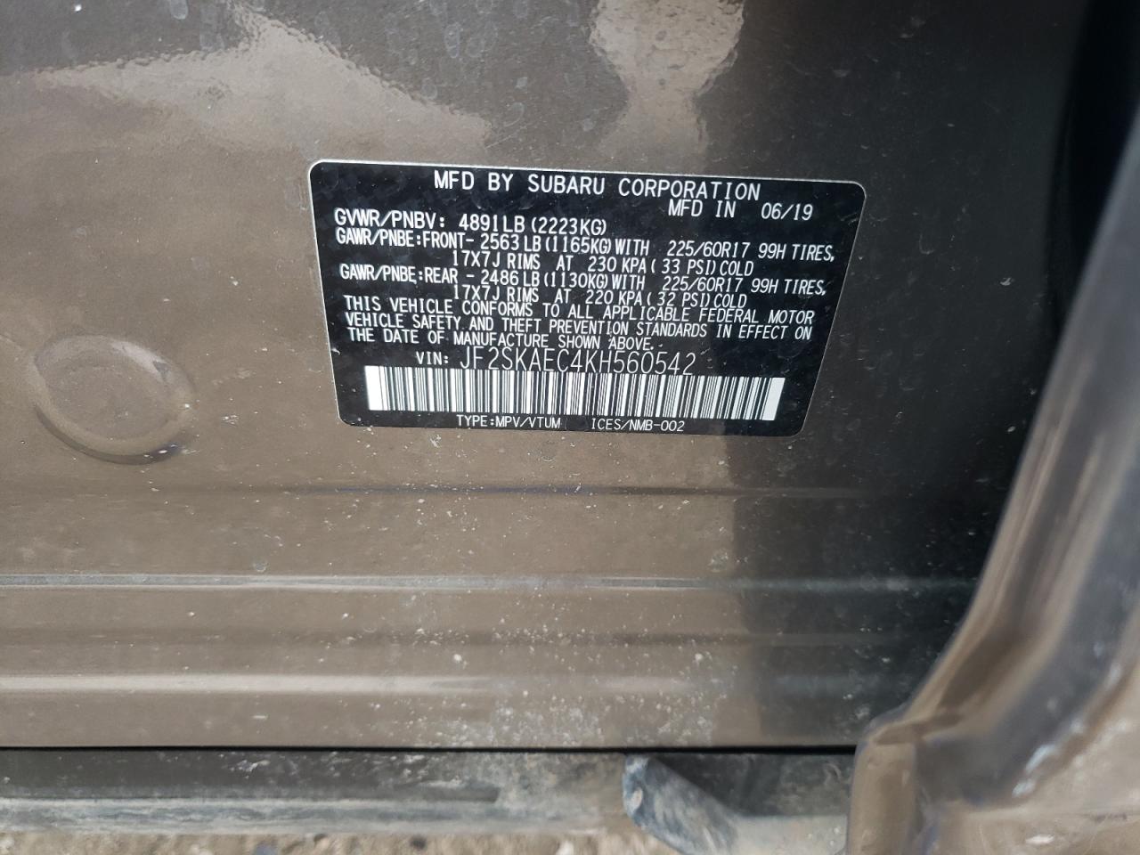 Foto 20 de la subasta – 2019 SUBARU FORESTER P con VIN JF2SKAEC4KH560542
