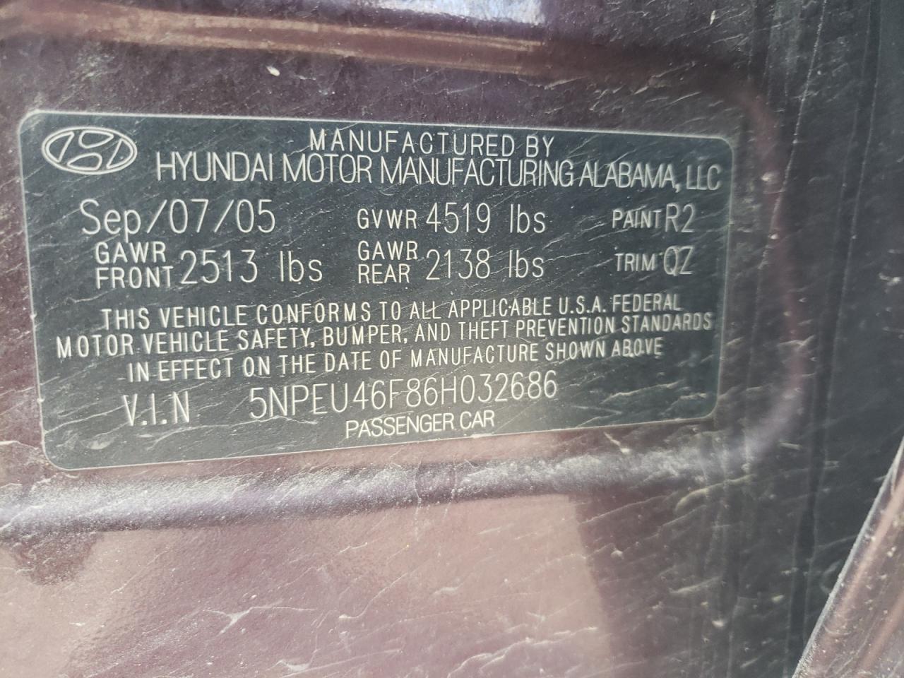 Photo 10 from auction – 2006 HYUNDAI SONATA with VIN 5NPEU46F86H032686