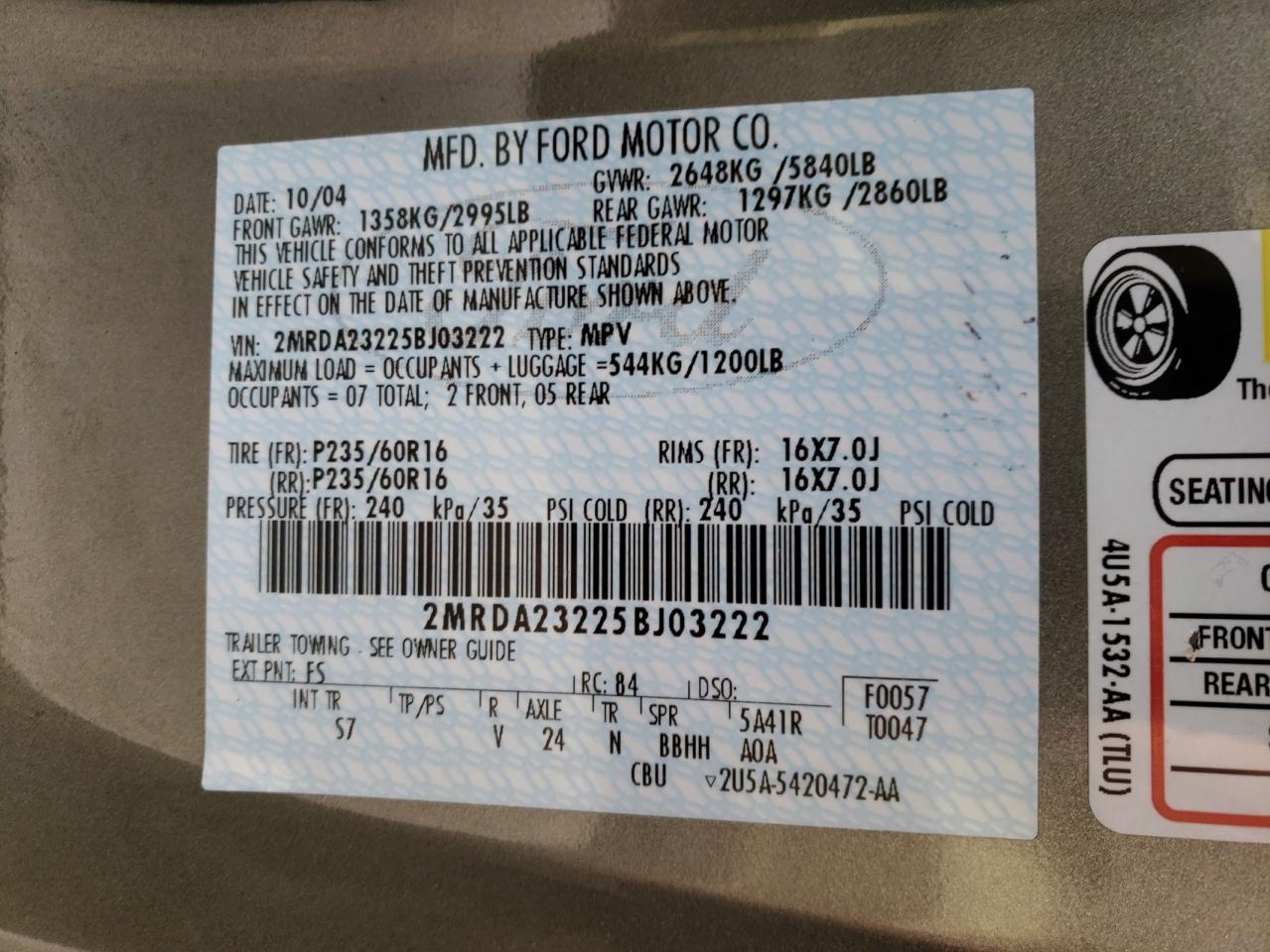 Photo 10 from auction – 2005 MERCURY MONTEREY with VIN 2MRDA23225BJ03222