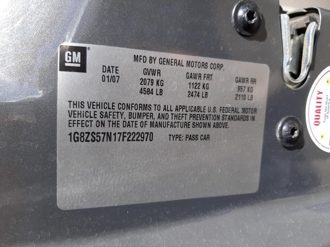 Photo 10 from auction – 2007 SATURN AURA XE with VIN 1G8ZS57N17F222970