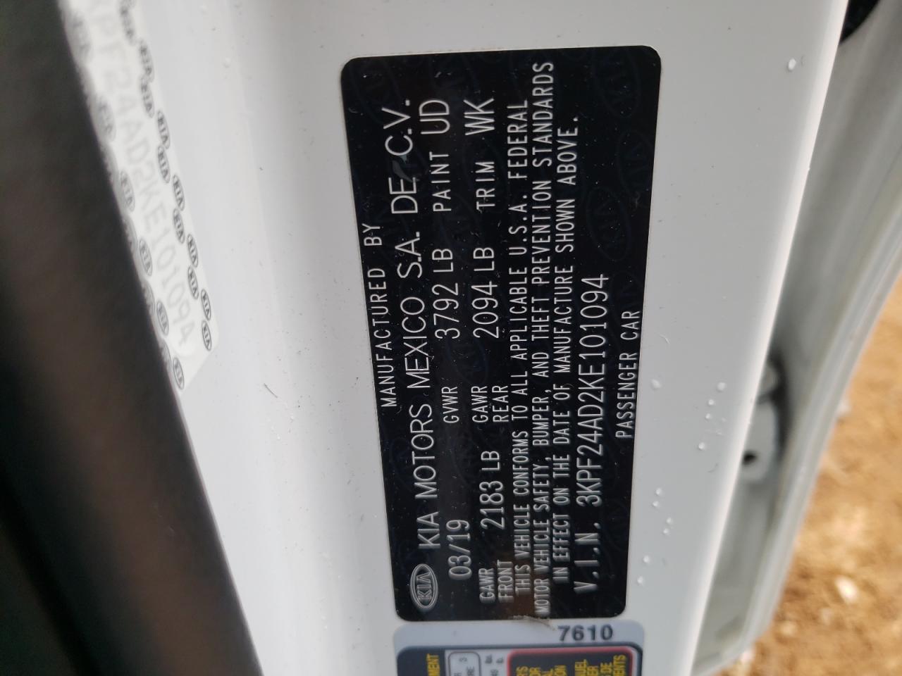 Photo 10 from auction – 2019 KIA FORTE FE with VIN 3KPF24AD2KE101094