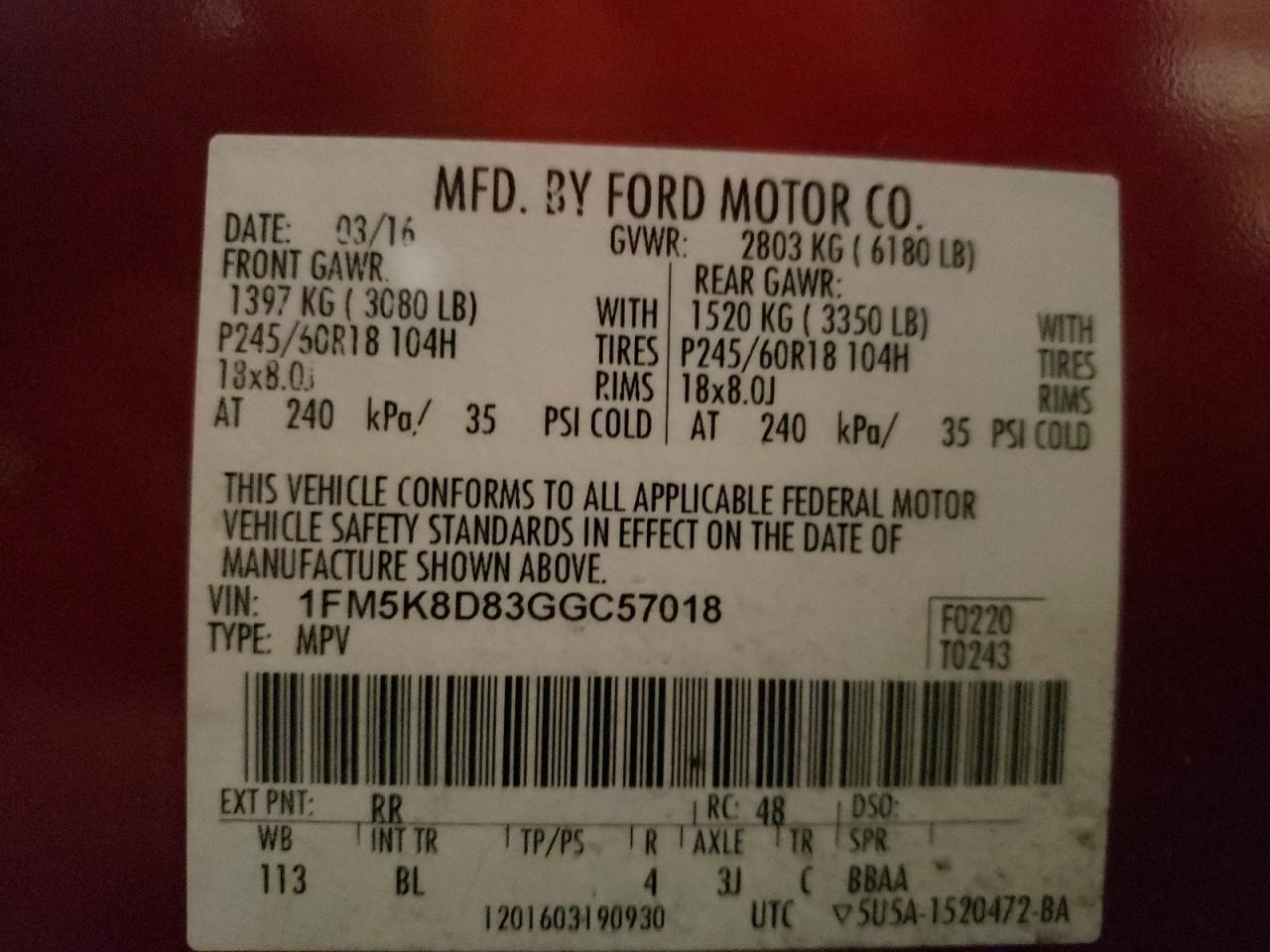 Photo 10 from auction – 2016 FORD EXPLORER X with VIN 1FM5K8D83GGC57018