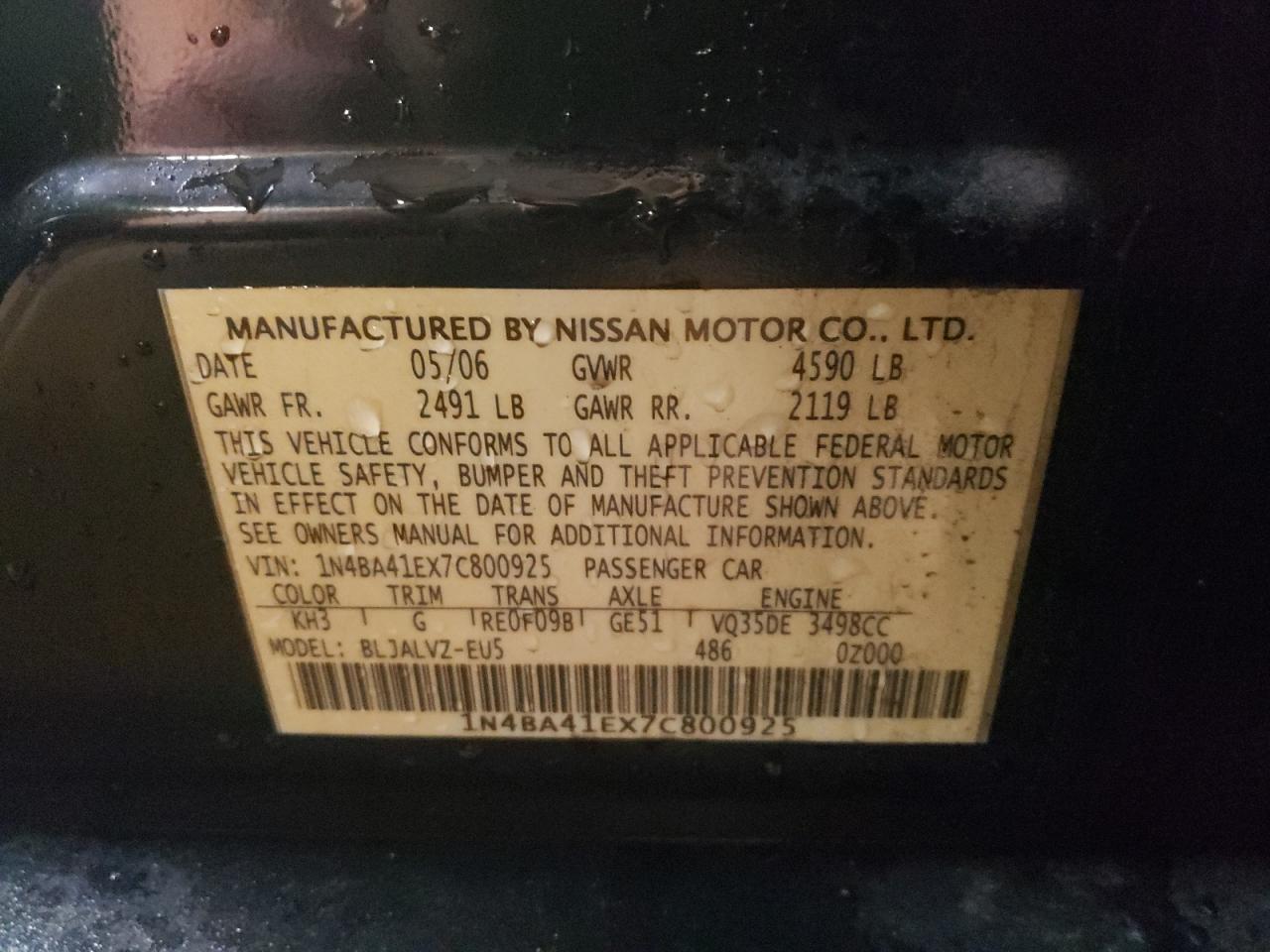 Photo 10 from auction – 2007 NISSAN MAXIMA SE with VIN 1N4BA41EX7C800925