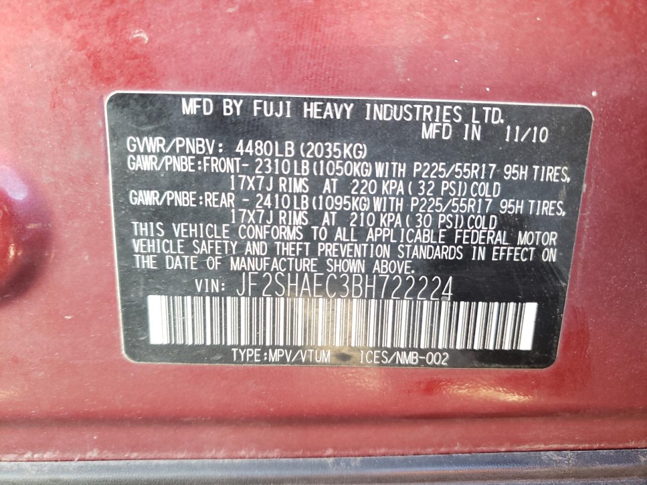 Photo 10 from auction – 2011 SUBARU FORESTER with VIN JF2SHAEC3BH722224