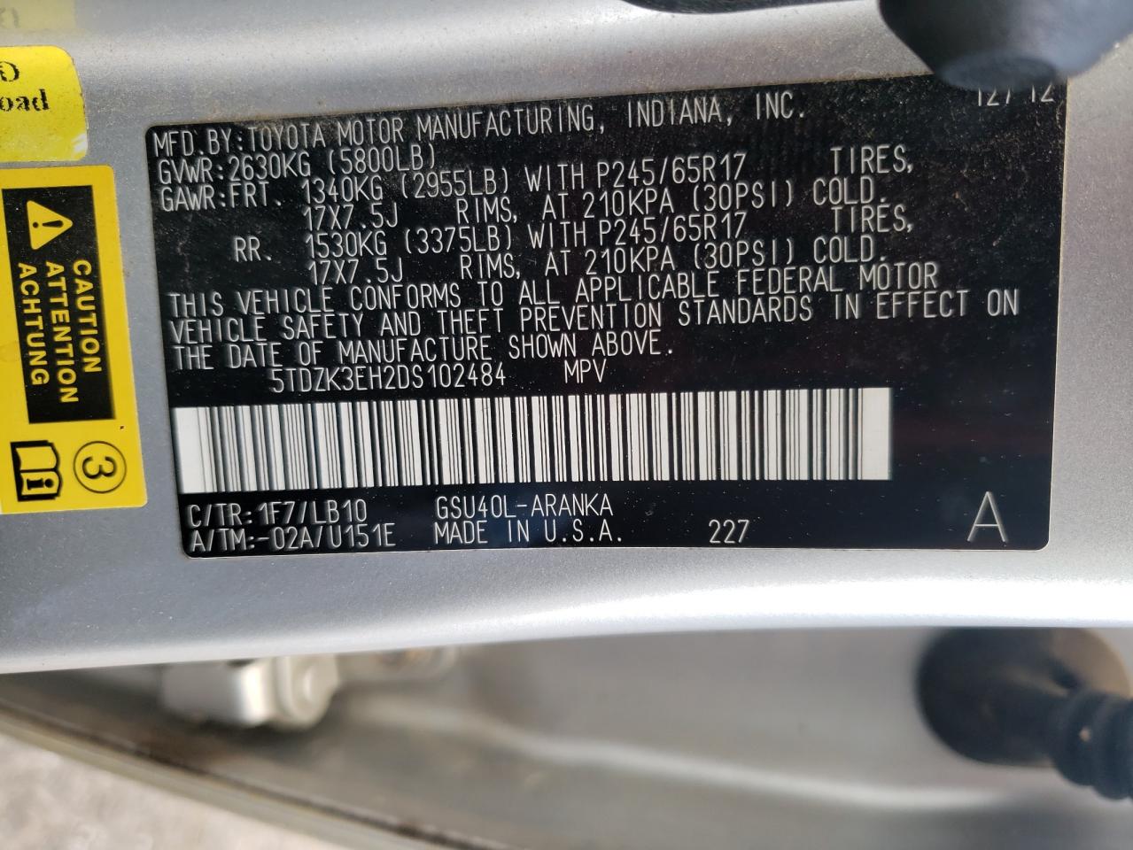 Photo 10 from auction – 2013 TOYOTA HIGHLANDER with VIN 5TDZK3EH2DS102484