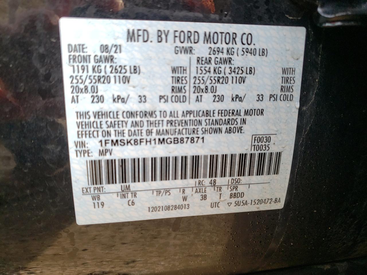 Photo 10 from auction – 2021 FORD EXPLORER L with VIN 1FMSK8FH1MGB87871