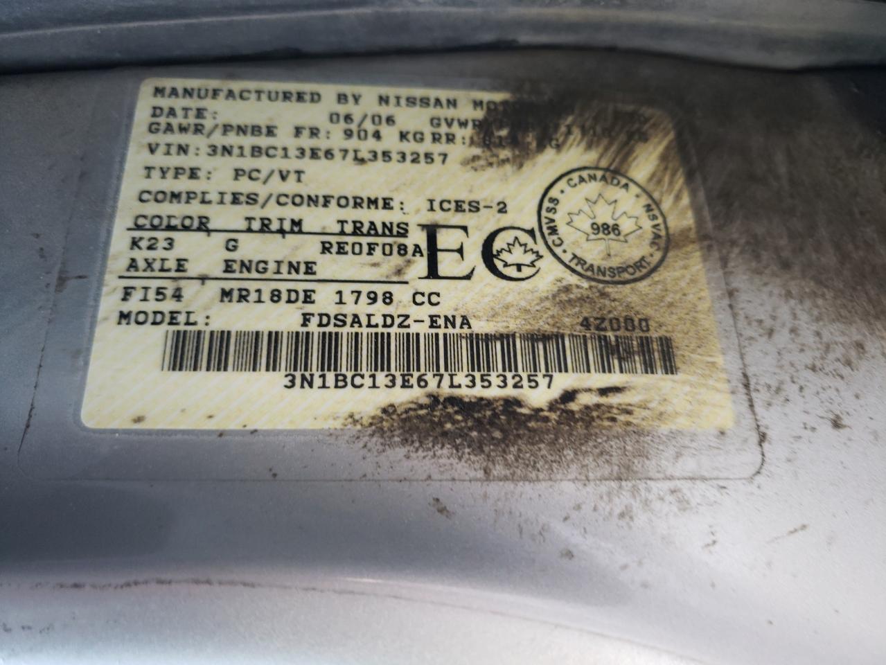 Photo 10 from auction – 2007 NISSAN VERSA S with VIN 3N1BC13E67L353257
