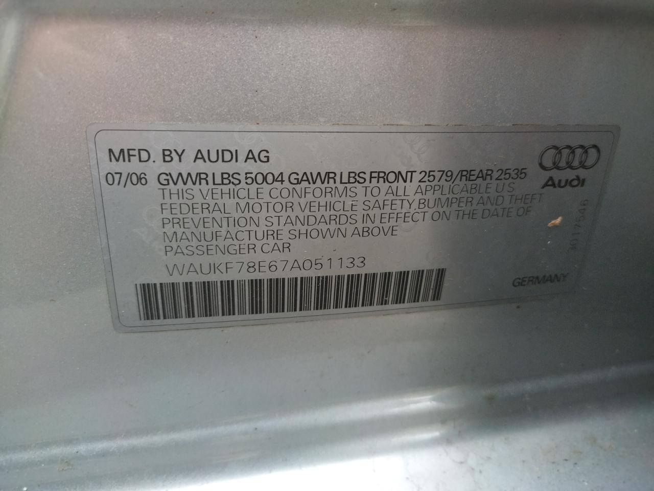 Photo 10 from auction – 2007 AUDI A4 2.0T AV with VIN WAUKF78E67A051133