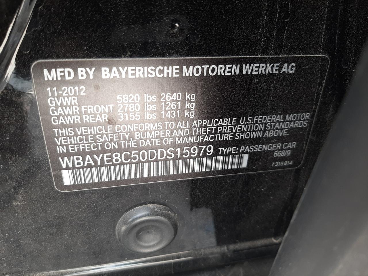 Photo 10 from auction – 2013 BMW 750 LI with VIN WBAYE8C50DDS15979