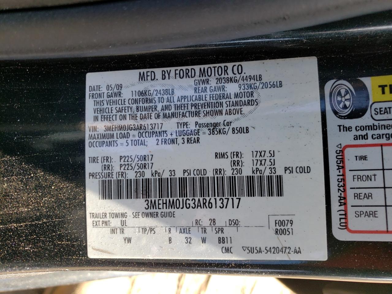 Photo 10 from auction – 2010 MERCURY MILAN PREM with VIN 3MEHM0JG3AR613717