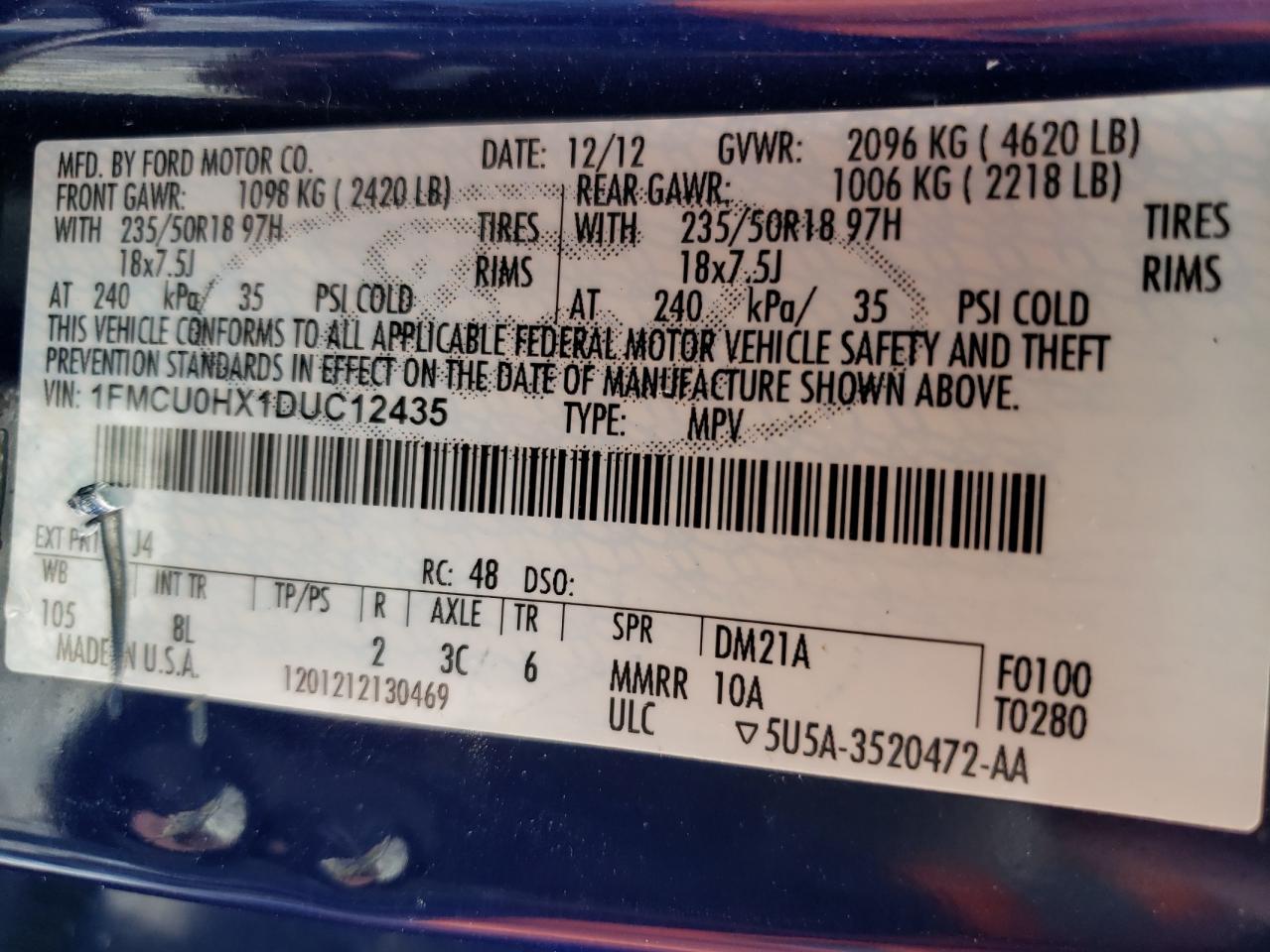 Photo 10 from auction – 2013 FORD ESCAPE SEL with VIN 1FMCU0HX1DUC12435