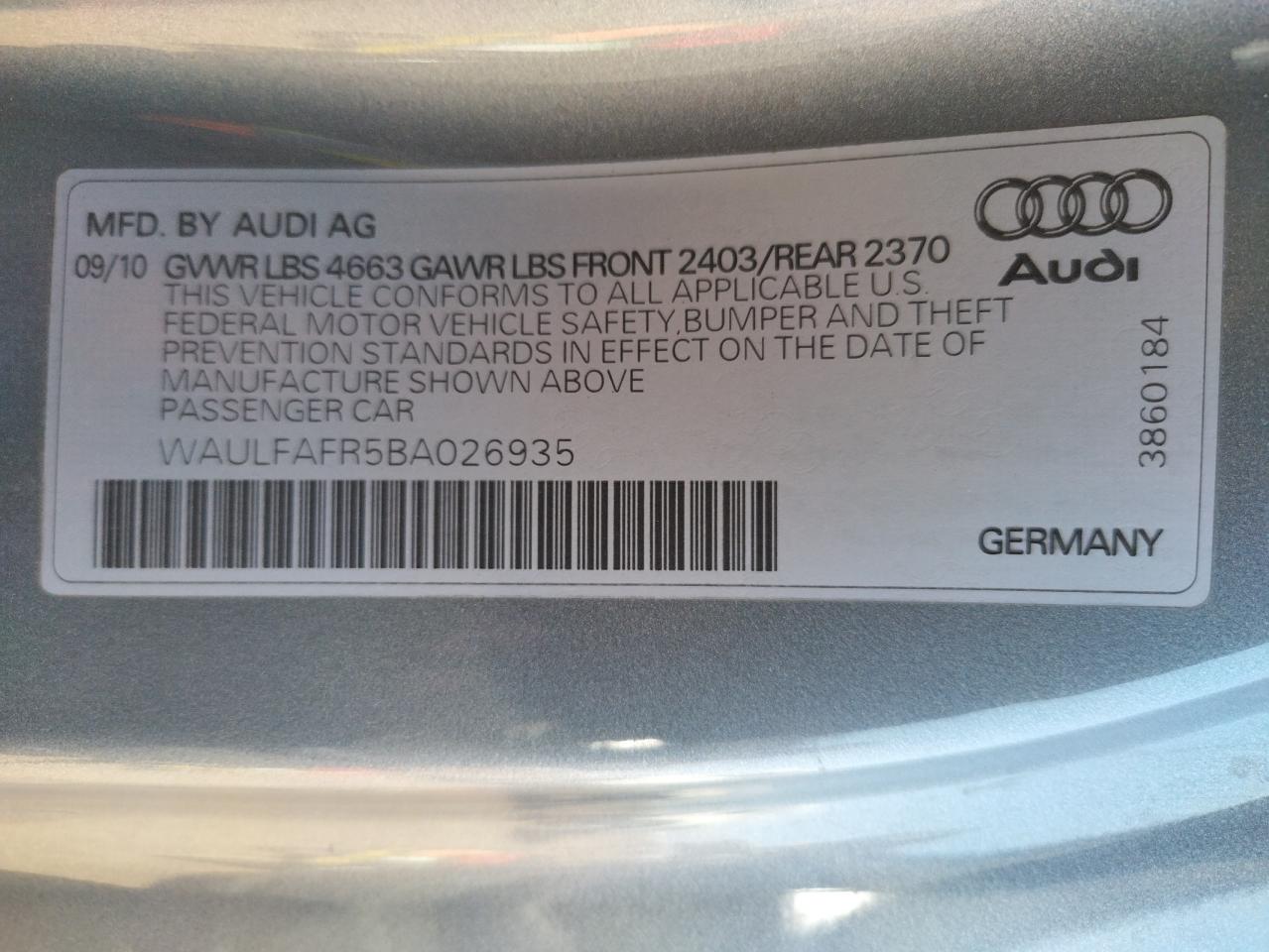 Photo 10 from auction – 2011 AUDI A5 PREMIUM with VIN WAULFAFR5BA026935