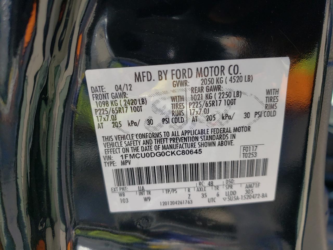 Photo 10 from auction – 2012 FORD ESCAPE XLT with VIN 1FMCU0DG0CKC80645