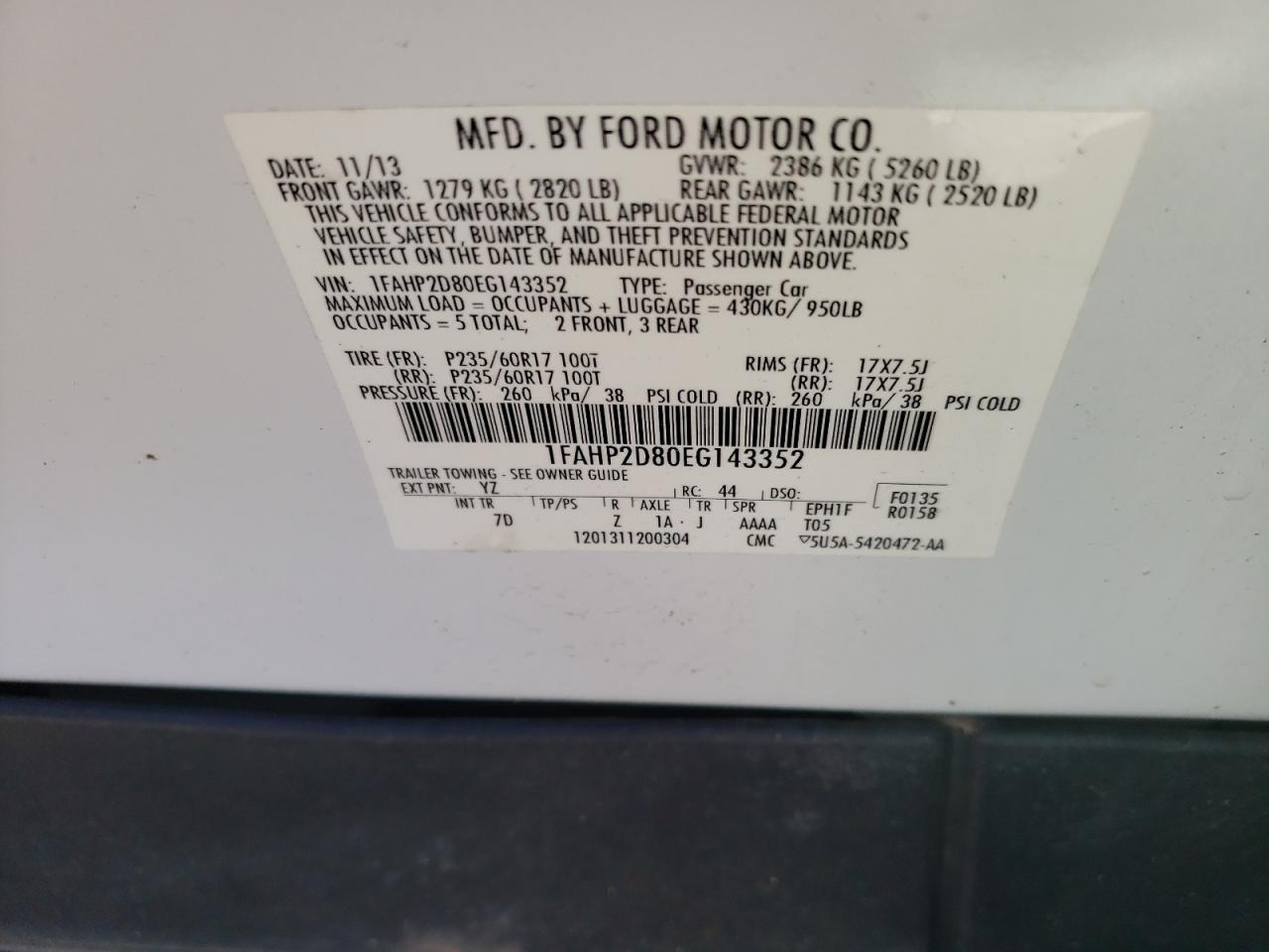 Photo 10 from auction – 2014 FORD TAURUS SE with VIN 1FAHP2D80EG143352