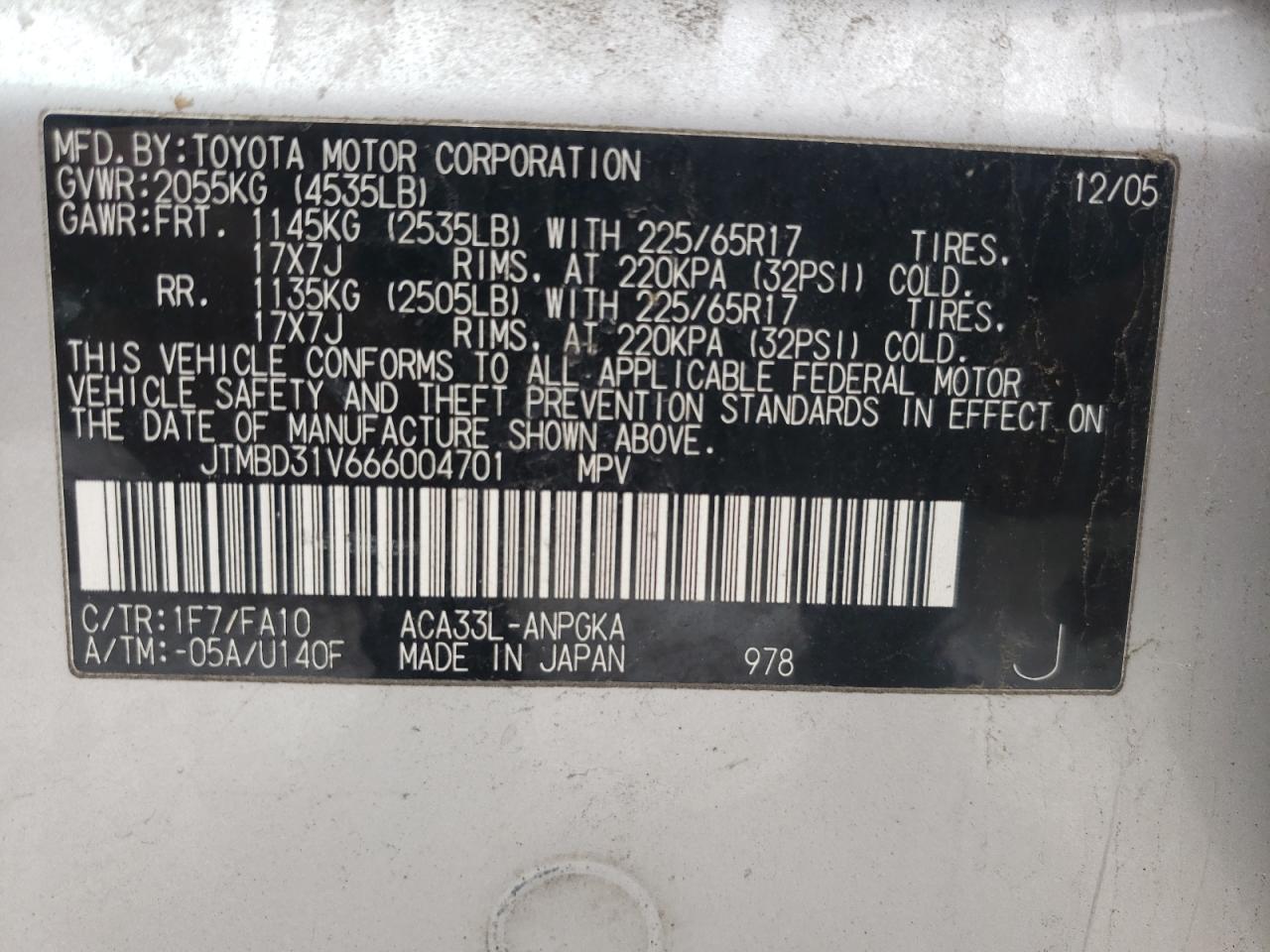 Photo 10 from auction – 2006 TOYOTA RAV4 LIMIT with VIN JTMBD31V666004701