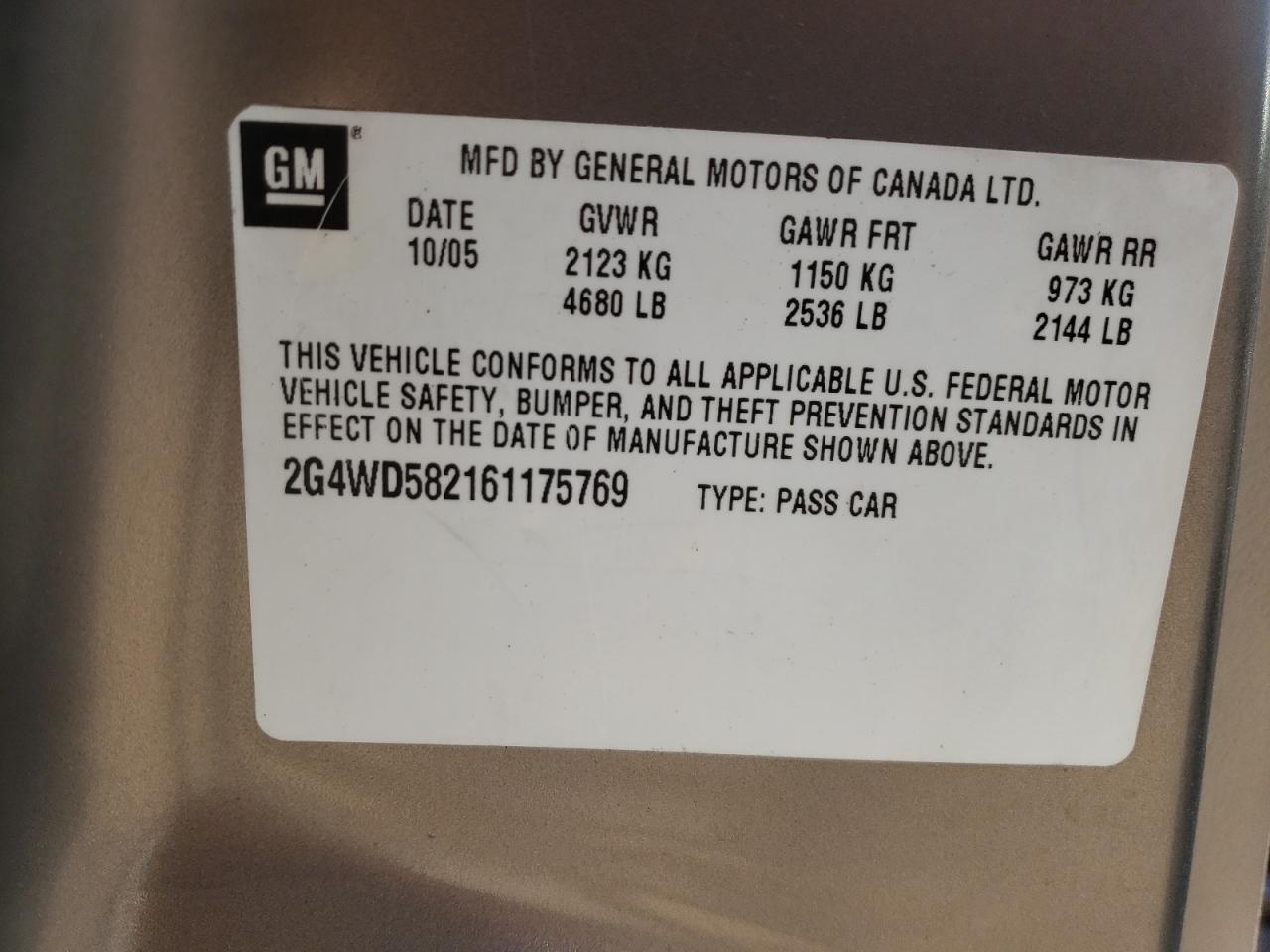 Photo 10 from auction – 2006 BUICK LACROSSE C with VIN 2G4WD582161175769
