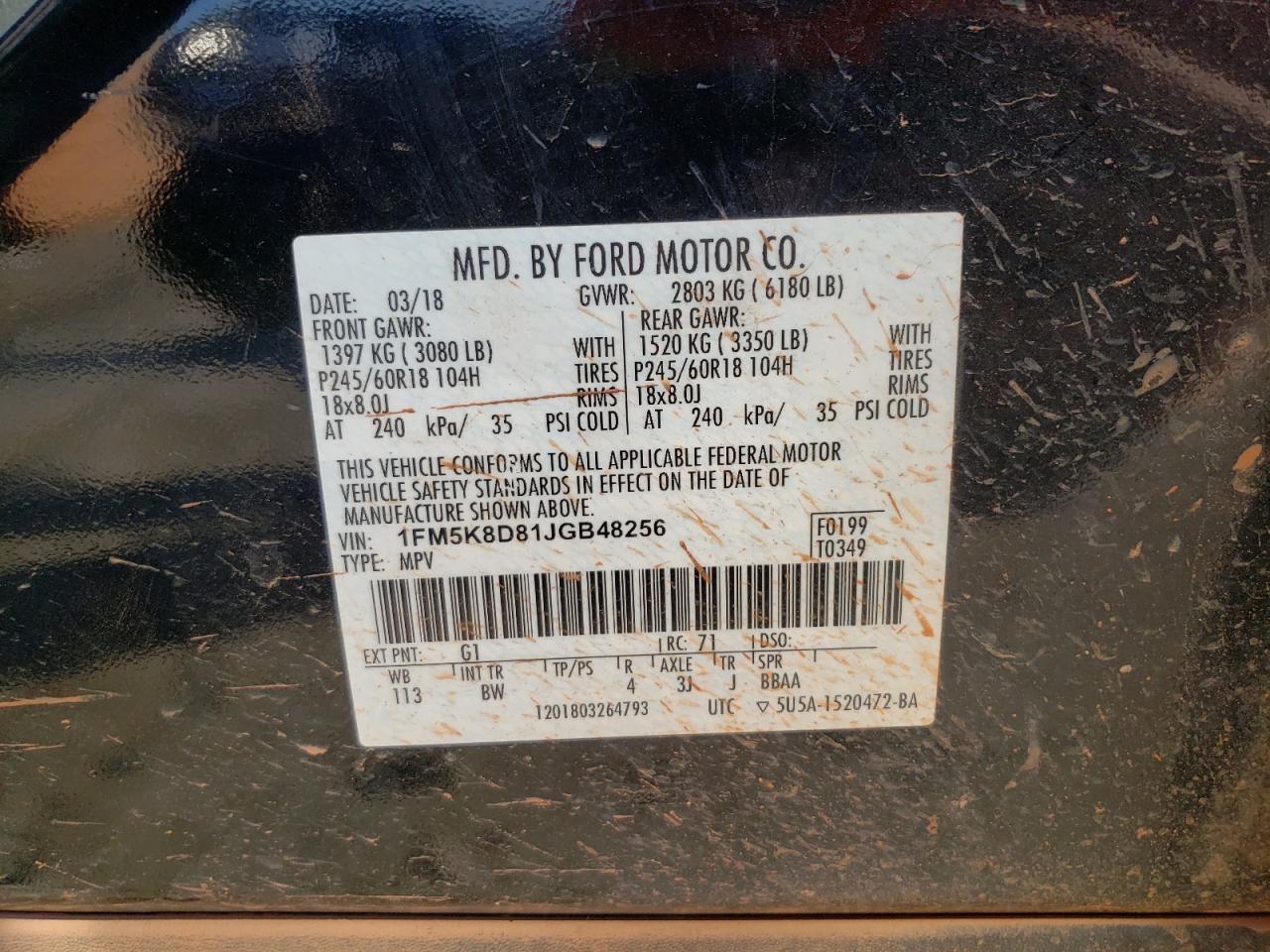 Photo 10 from auction – 2018 FORD EXPLORER X with VIN 1FM5K8D81JGB48256