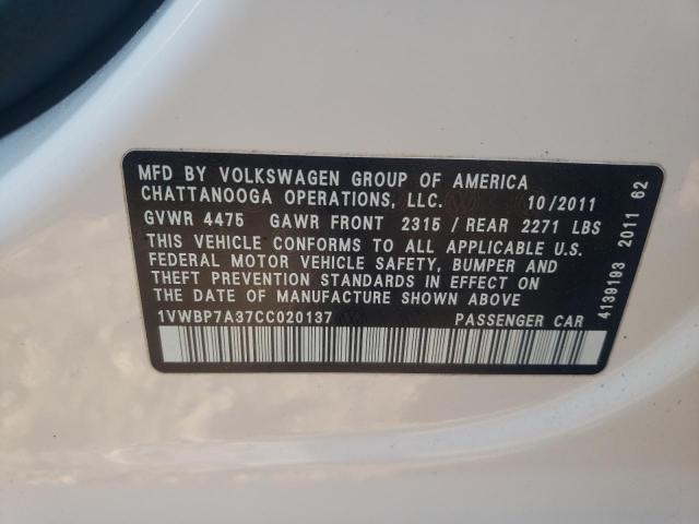 Photo 10 from auction – 2012 VOLKSWAGEN PASSAT SE with VIN 1VWBP7A37CC020137