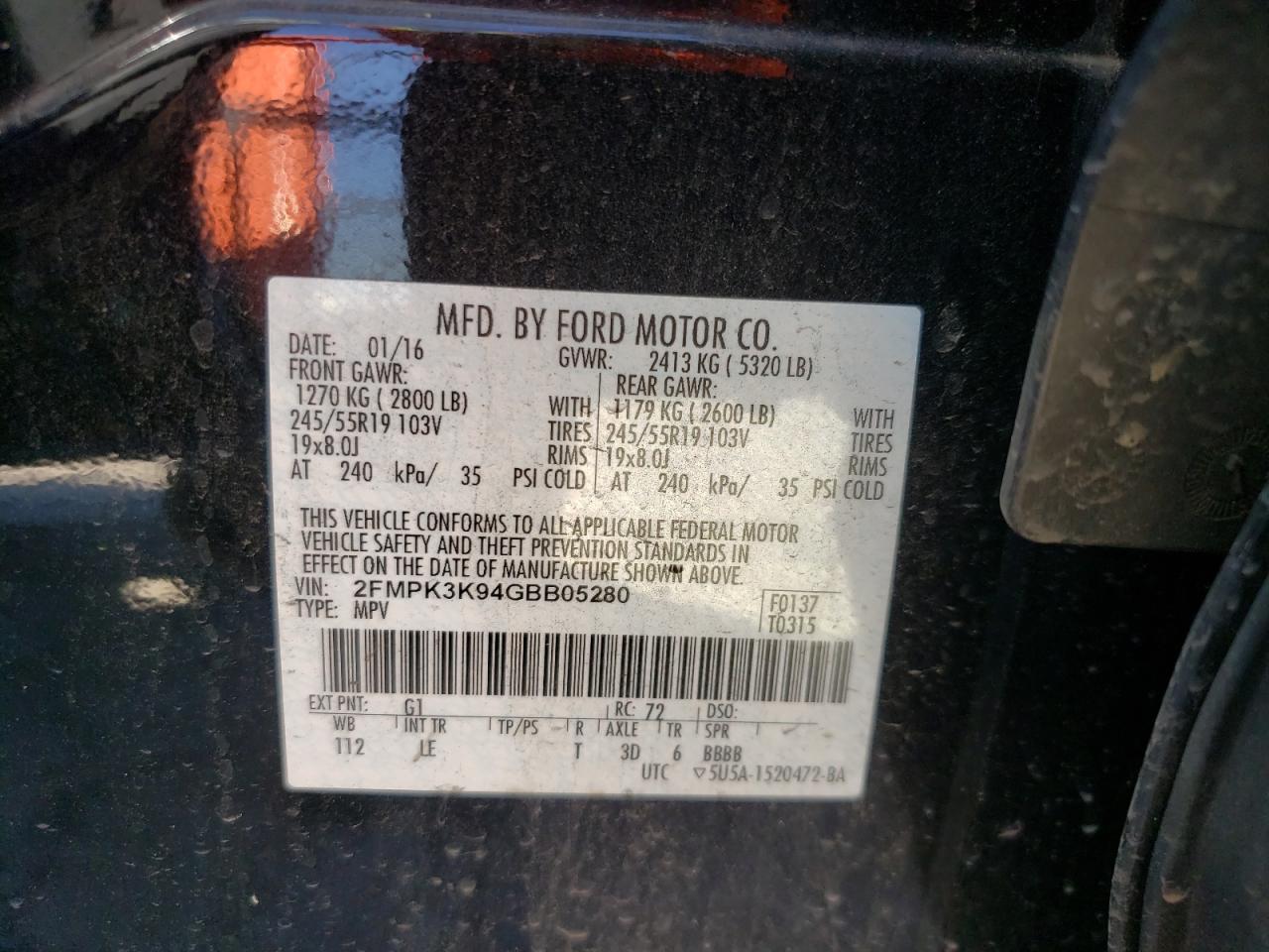 Photo 10 from auction – 2016 FORD EDGE TITAN with VIN 2FMPK3K94GBB05280