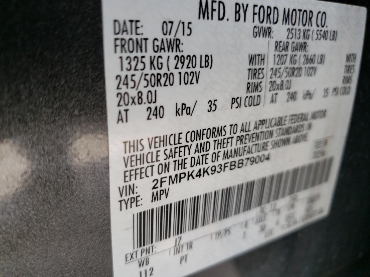 Photo 10 from auction – 2015 FORD EDGE TITAN with VIN 2FMPK4K93FBB79004
