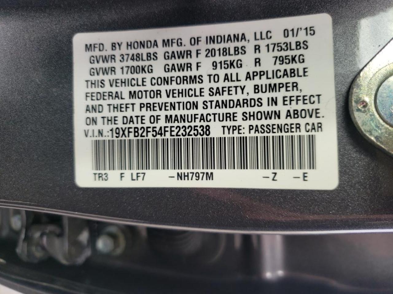 Photo 10 from auction – 2015 HONDA CIVIC LX with VIN 19XFB2F54FE232538
