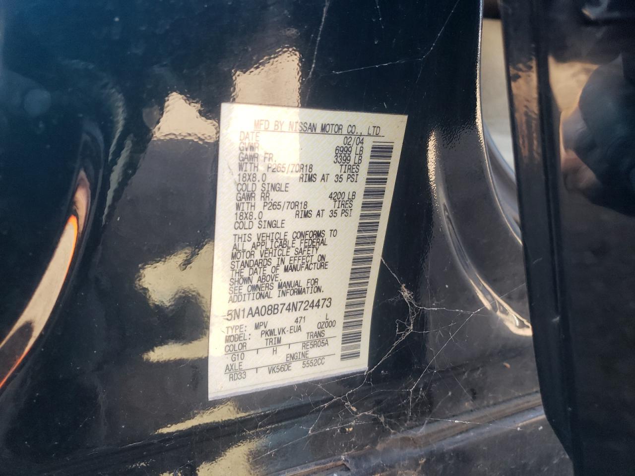 Photo 10 from auction – 2004 NISSAN ARMADA SE with VIN 5N1AA08B74N724473