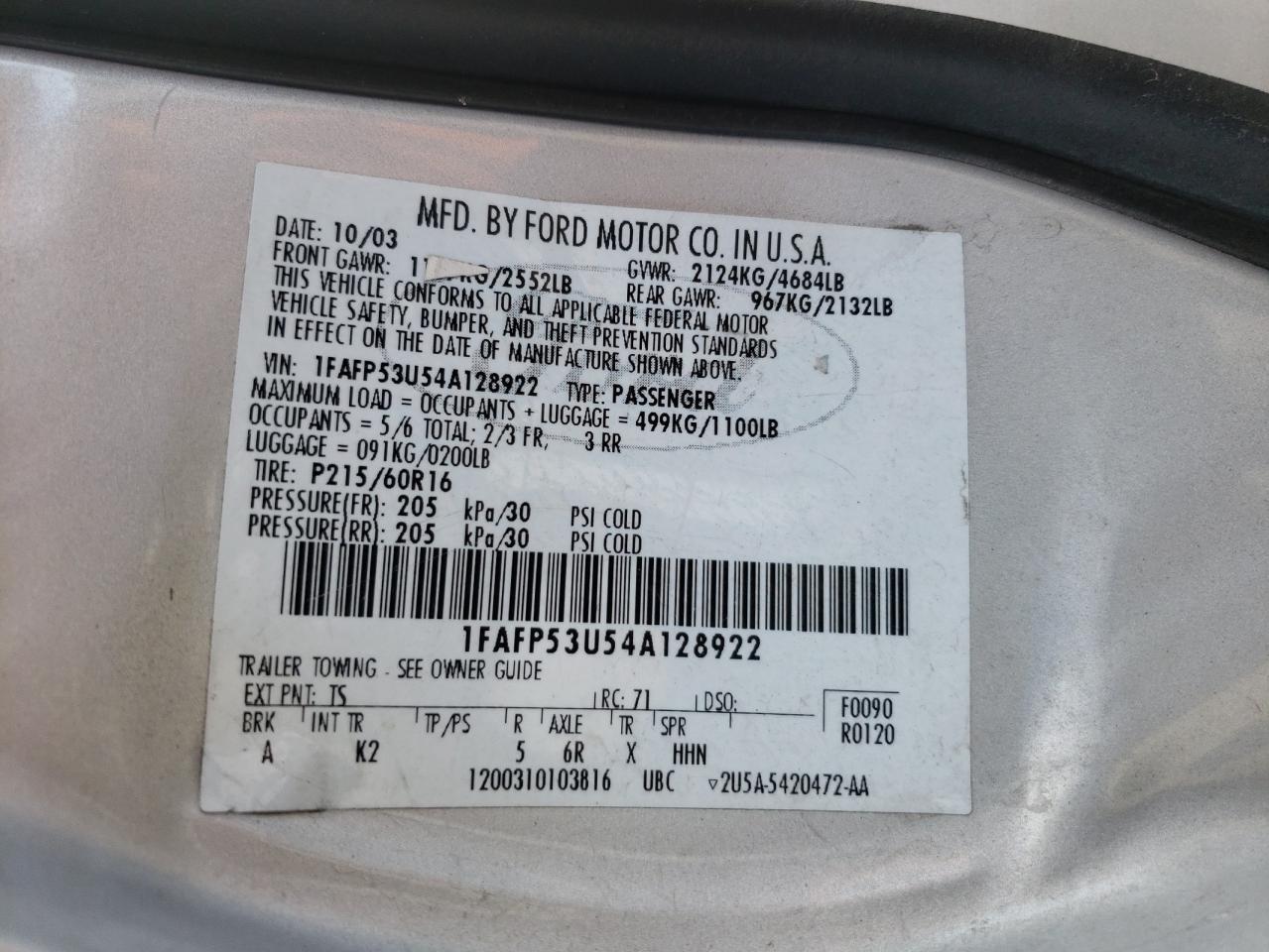 Photo 10 from auction – 2004 FORD TAURUS SE with VIN 1FAFP53U54A128922